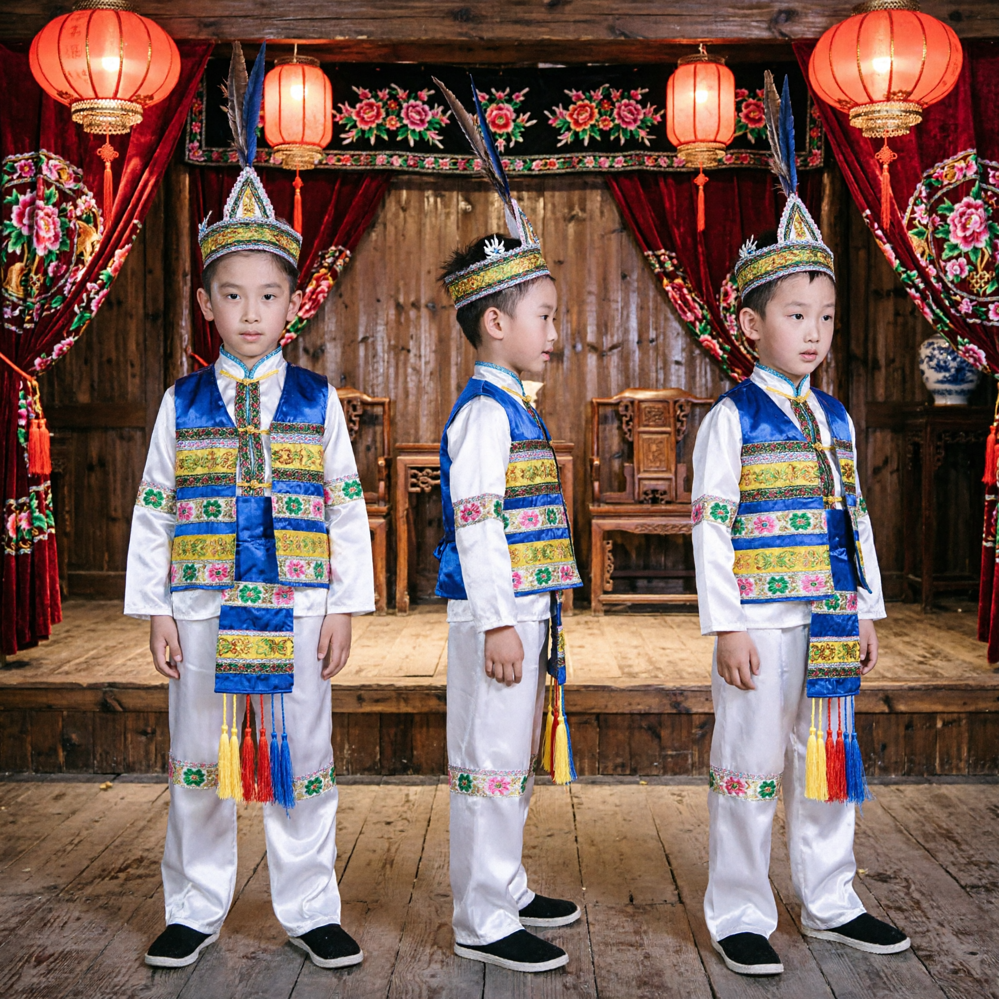 Chinese Traditional Ethnic Minority Boy Costume Blue Embroidered Vest Folk Dance Stage Performance Outfit