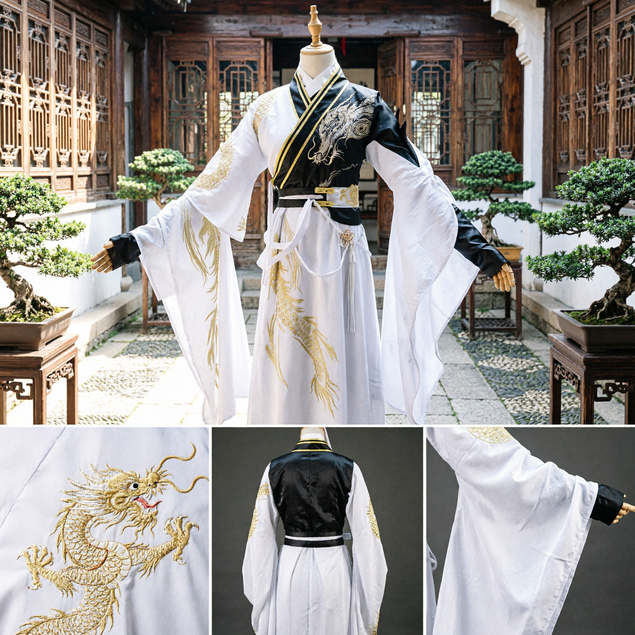 Traditional Chinese Hanfu Men's Wuxia Ancient Swordsman Costume White Robe with Black and Gold Dragon Embroidery