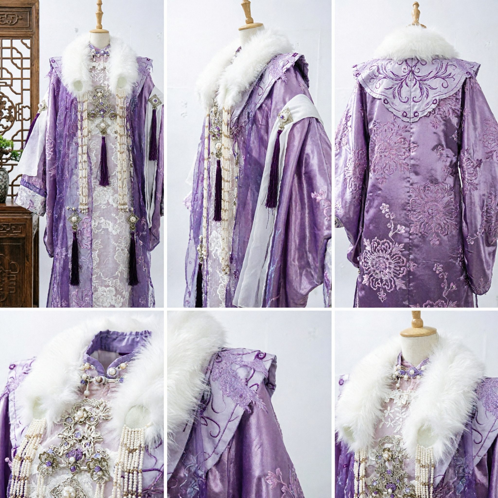 Elegant Purple Traditional Chinese Hanfu Winter Costume with White Fur Collar and Embroidery for Ancient Princess Cosplay