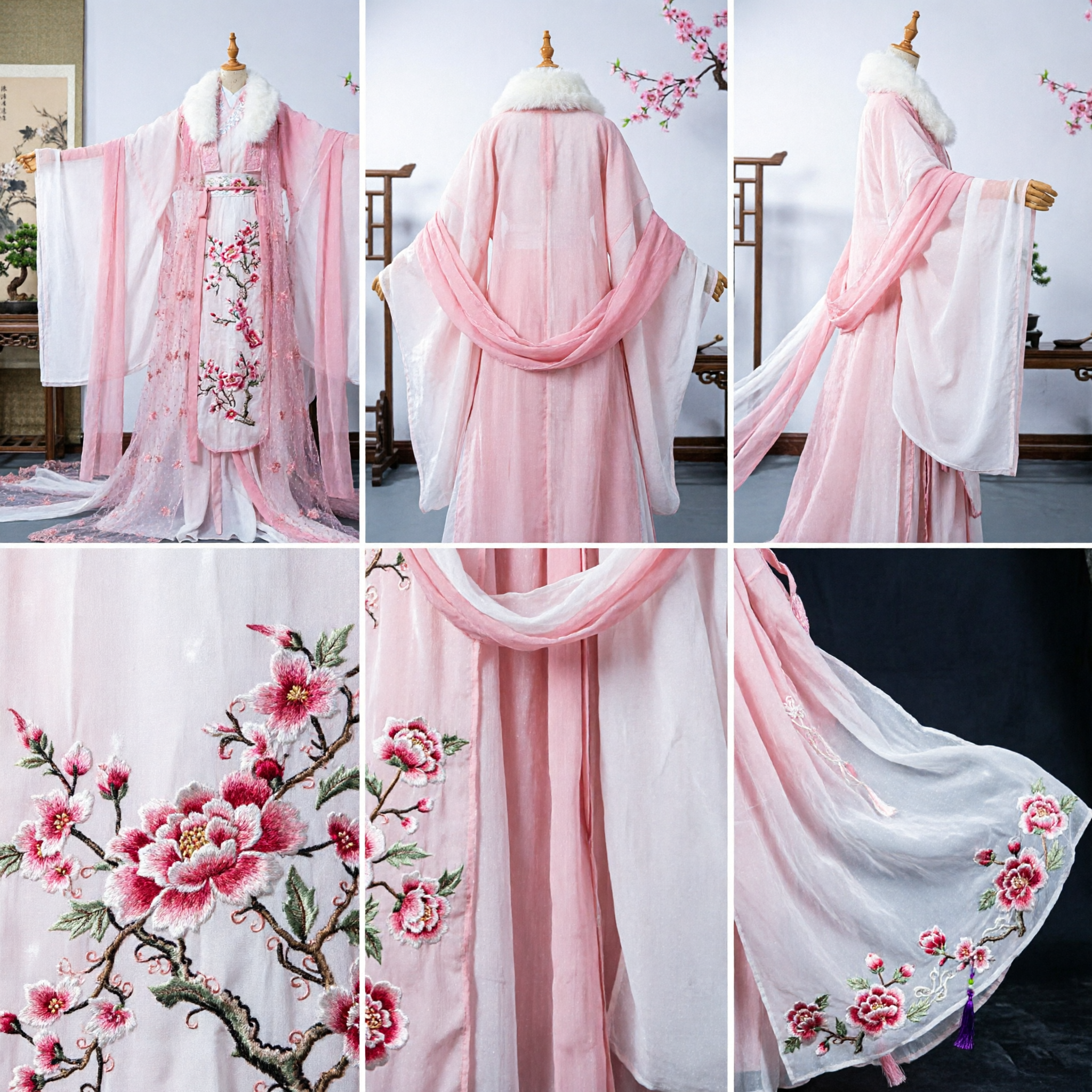 Elegant Pink Floral Embroidered Hanfu Ancient Chinese Princess Dress with White Fur Collar for Women