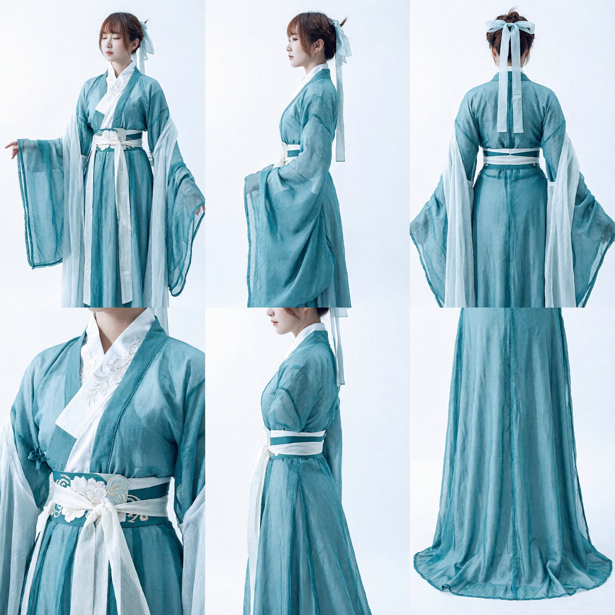 Women's Ancient Chinese Hanfu Costume Traditional Blue Cross-Collar Robe Wide Sleeve Dress for Cosplay Photography