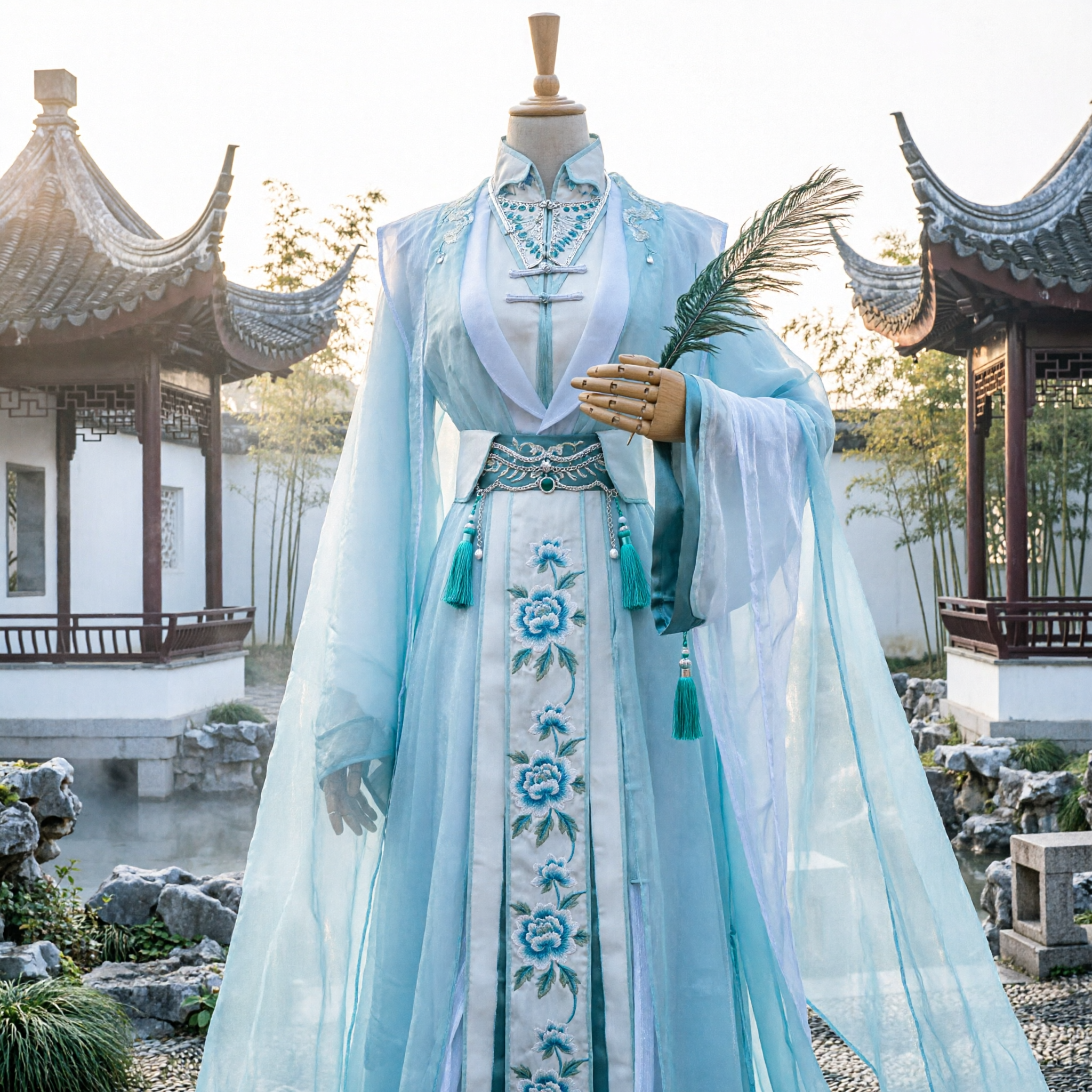 Traditional Chinese Hanfu Costume Ancient Immortal Swordsman Cosplay Robe White Blue Outfit for Adults