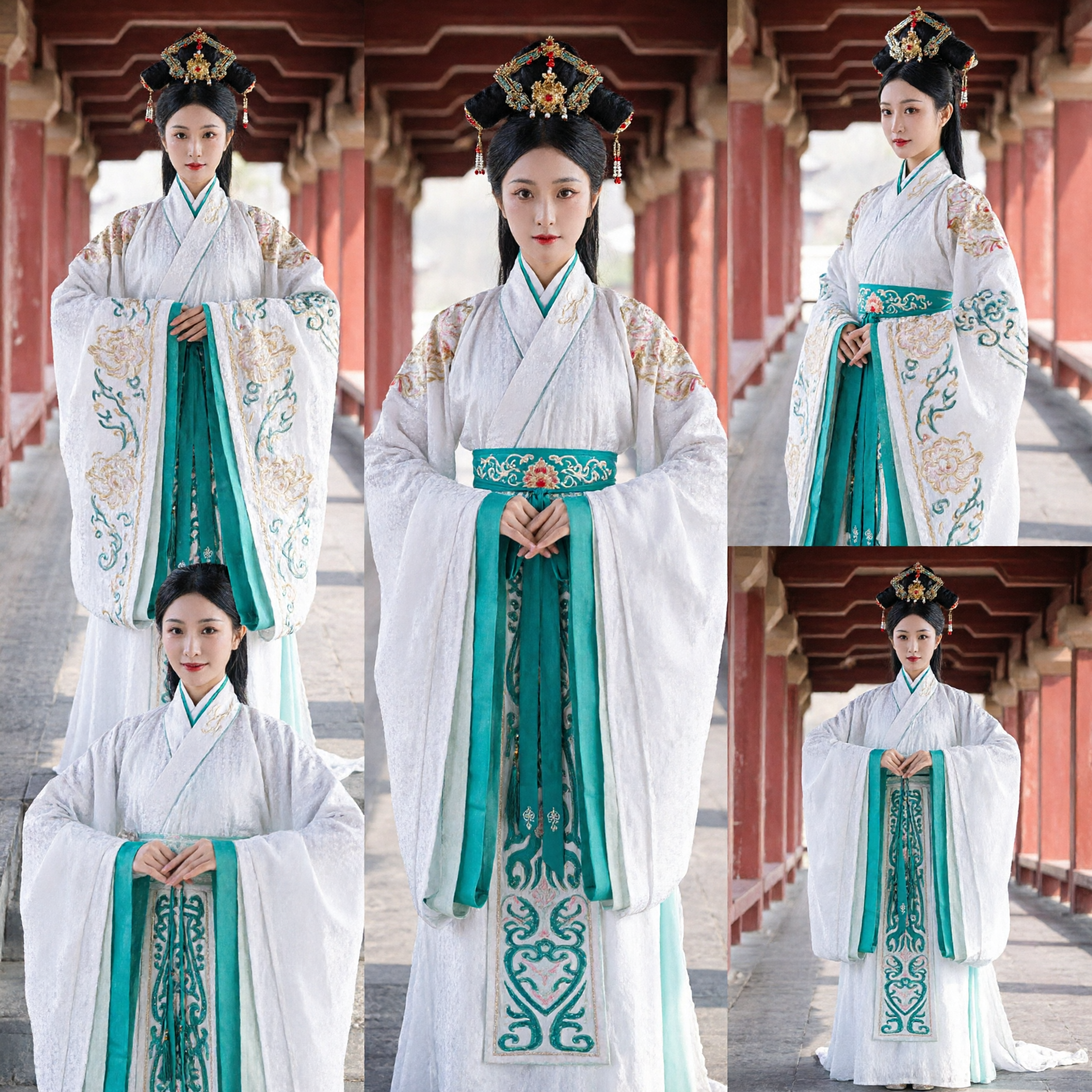 Traditional Chinese Hanfu Costume Ancient Noble Lady White Robe Green Embroidery for Women Cosplay Performance