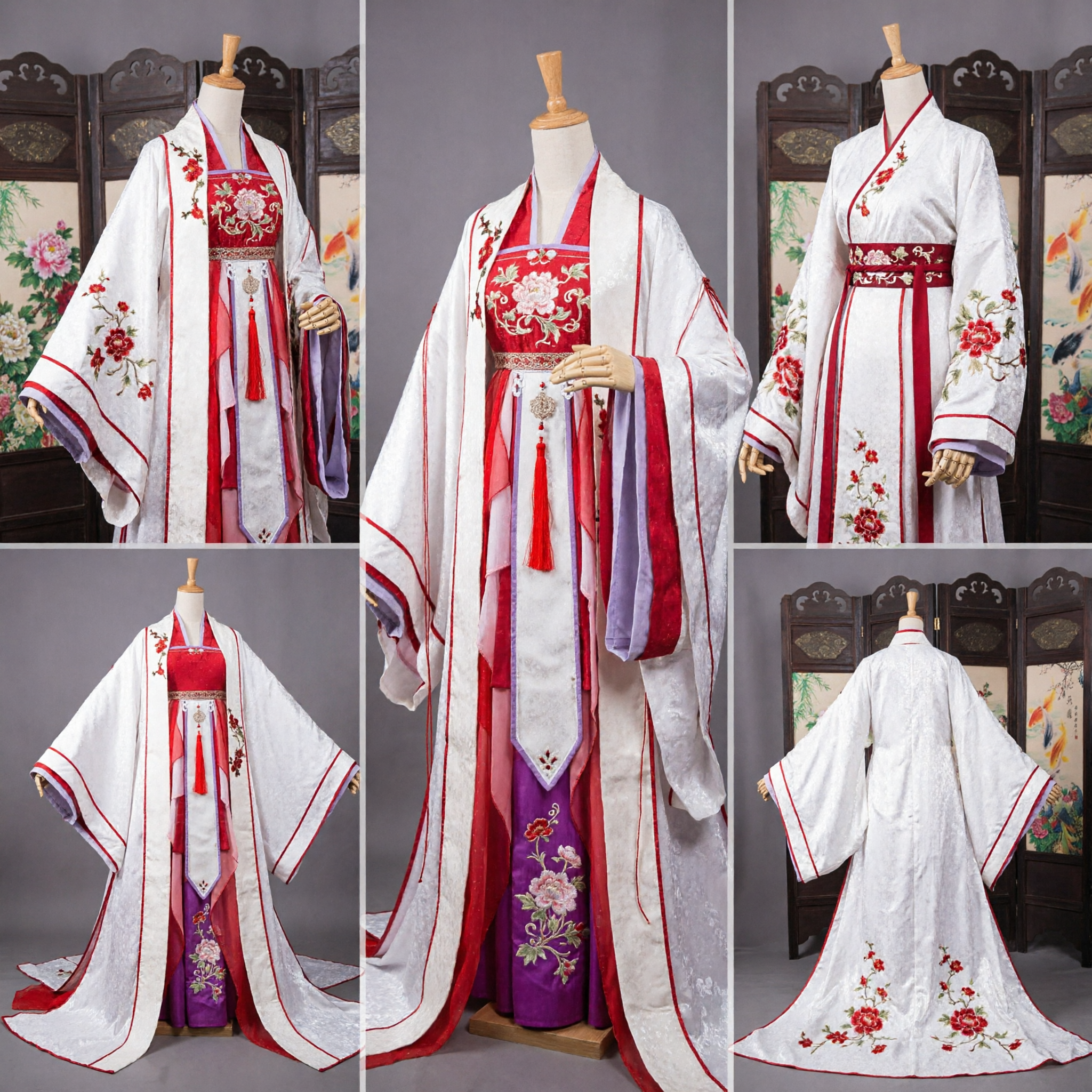 Chinese Traditional Hanfu Red and White Embroidered Robe Ancient Palace Lady Costume for Women