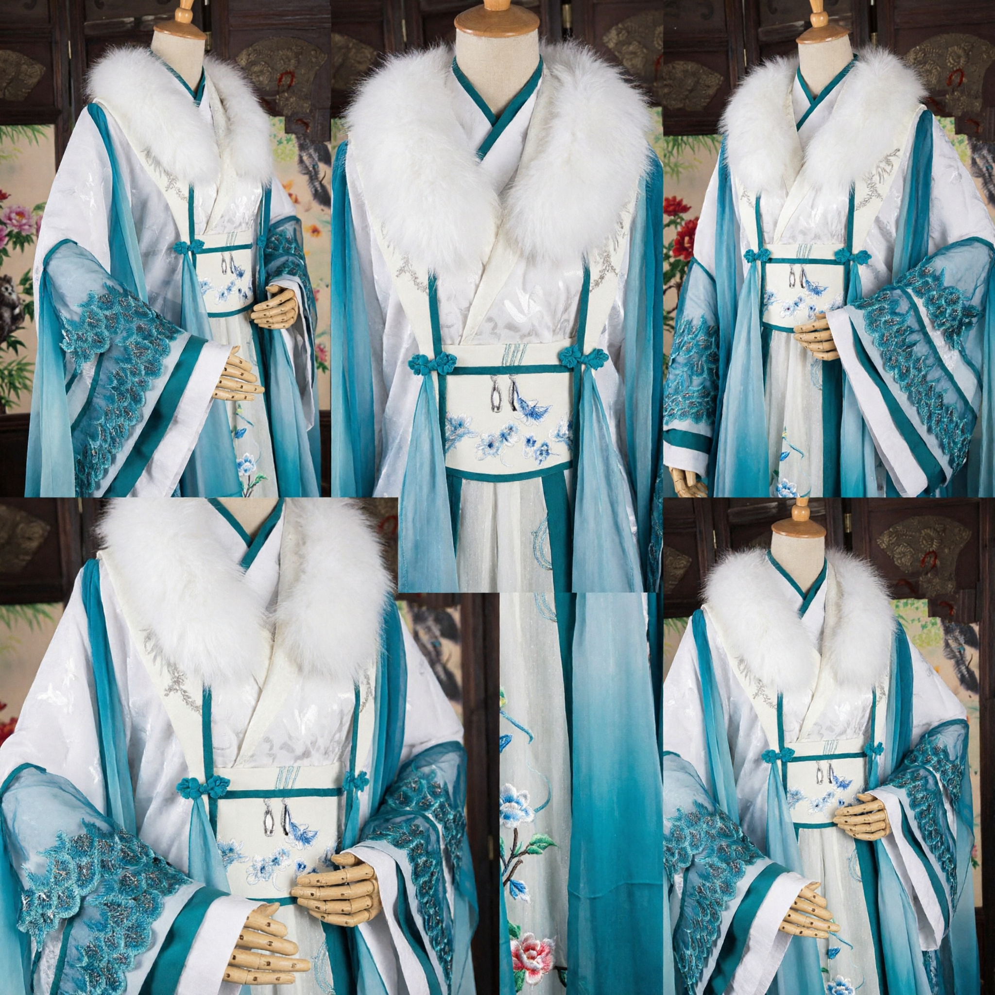 Traditional Chinese Hanfu Ancient Costume Elegant Blue and White Embroidered Dress with Fur Collar for Women
