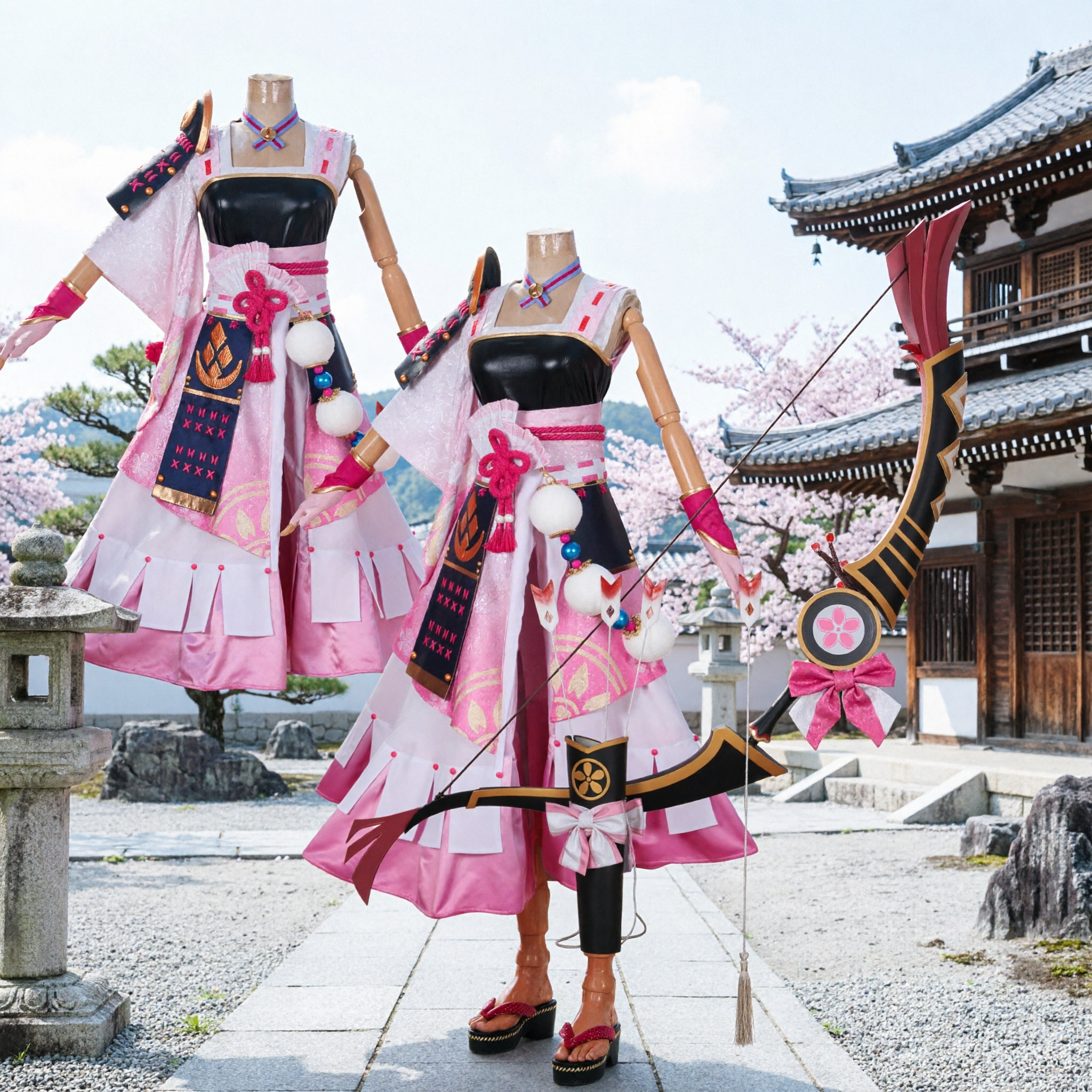 Genshin Impact Yae Miko Cosplay Costume Pink Shrine Maiden Dress Full Set with Bow for Halloween