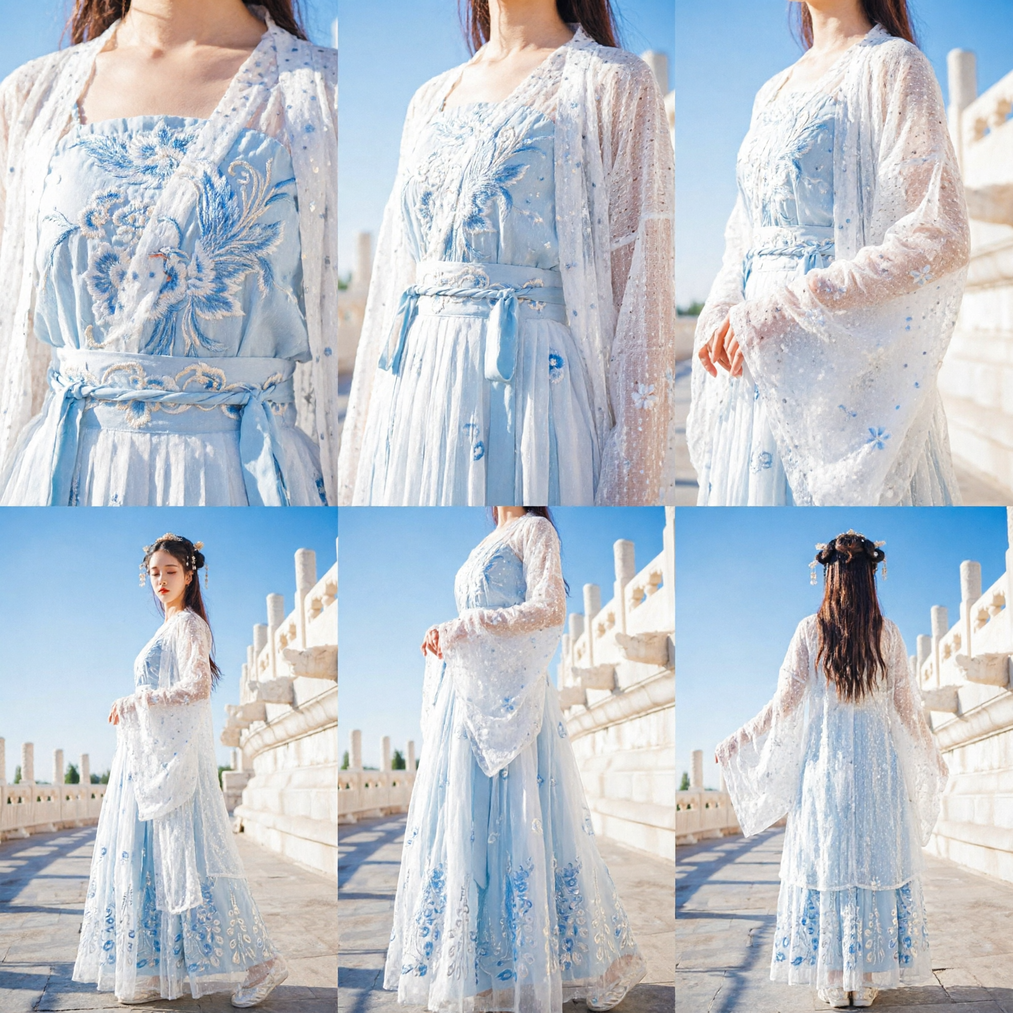 Traditional Chinese Hanfu Dress Blue and White Ancient Fairy Costume Embroidered Wide Sleeve Clothing for Women