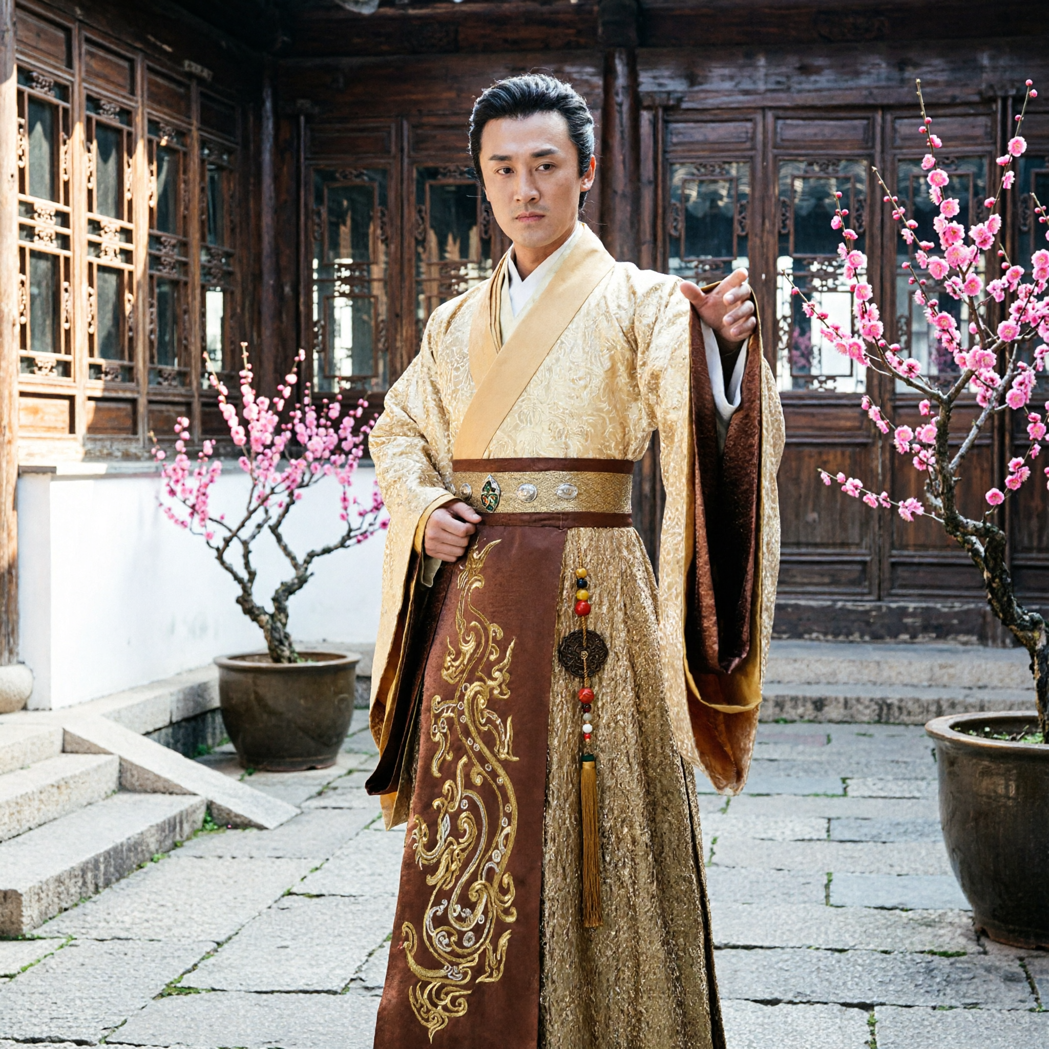 Men's Ancient Chinese Hanfu Costume Traditional Han Dynasty Scholar Robe with Gold Embroidery for Cosplay