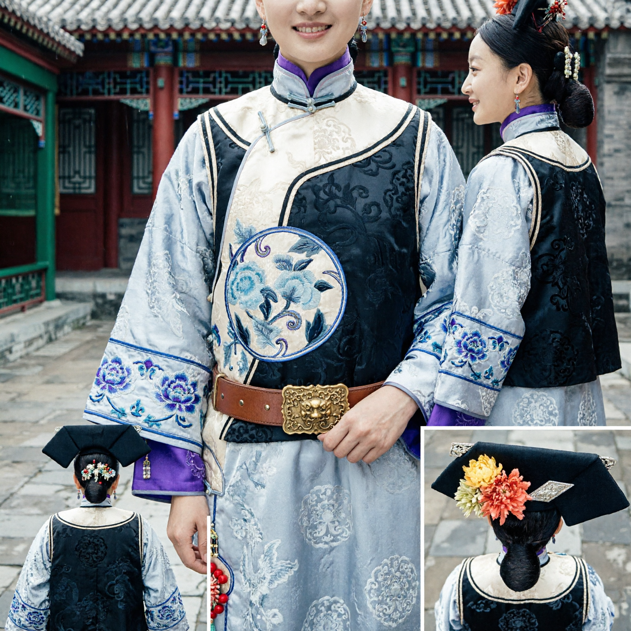 Ancient Chinese Qing Dynasty Manchu Princess Costume Traditional Embroidered Dress and Floral Headdress Set for Women Cosplay