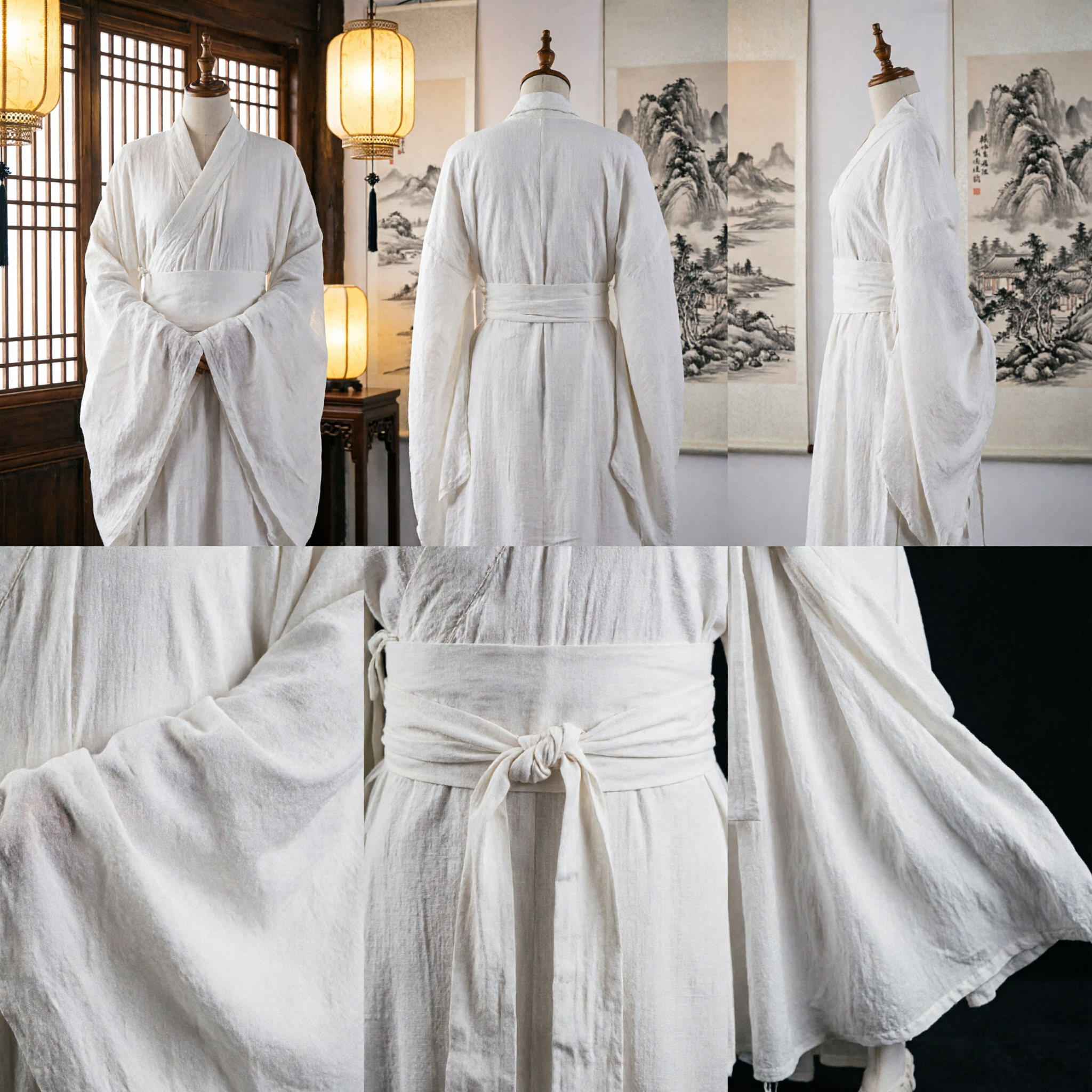 White Traditional Chinese Hanfu Robe Ancient Wuxia Martial Arts Costume Linen Clothing for Men and Women