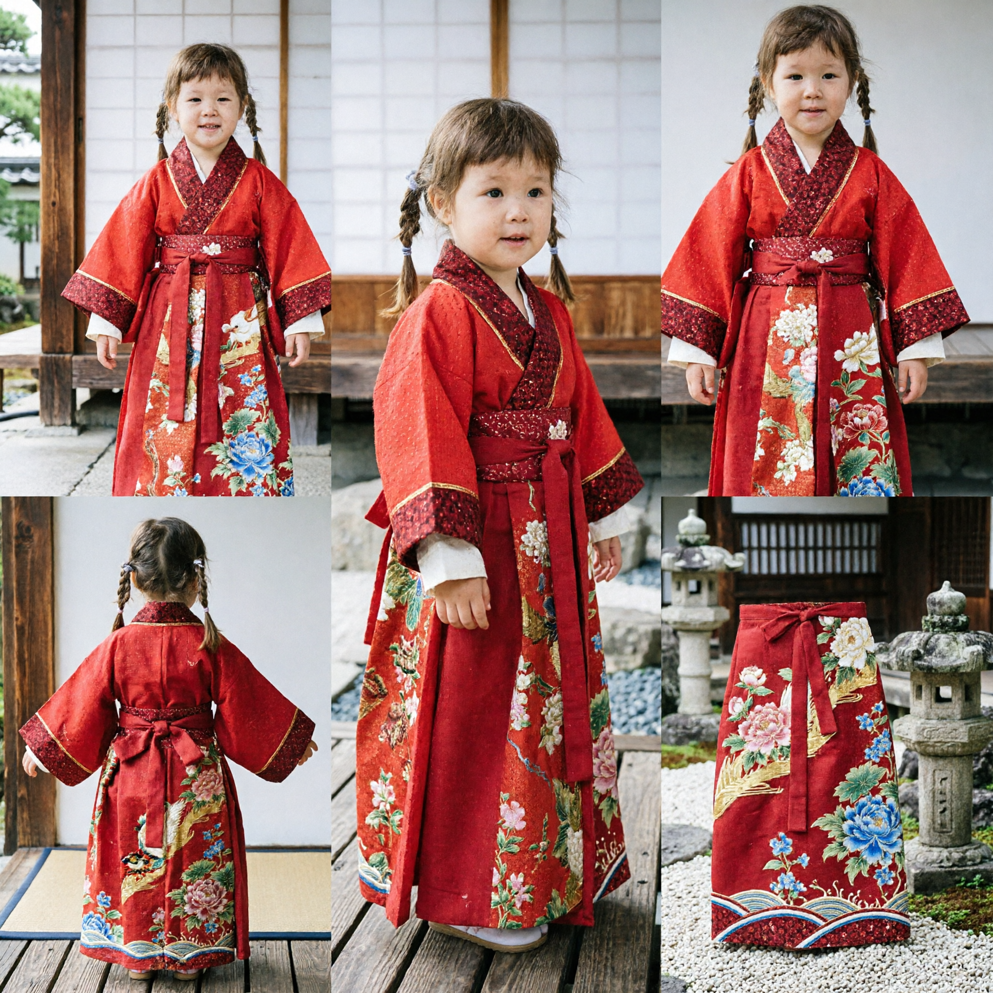 Traditional Japanese Kimono Dress for Girls Red Floral Long Sleeve Asian Cultural Costume for Kids