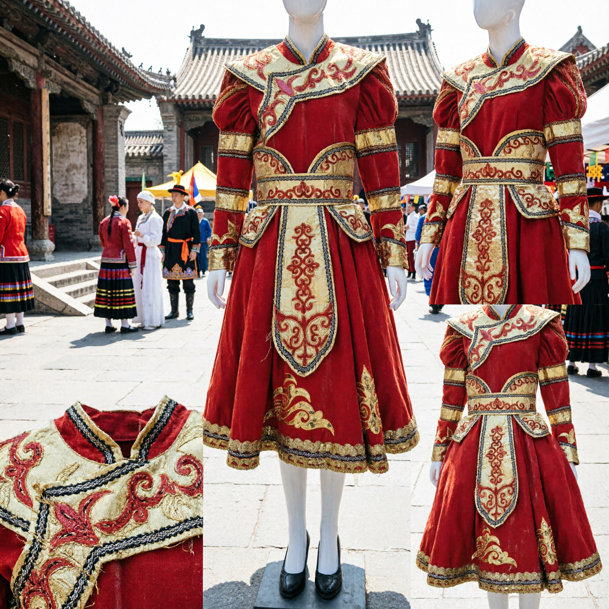 Red Chinese Ethnic Minority Folk Dance Costume Traditional Mongolian Style Stage Performance Dress for Women