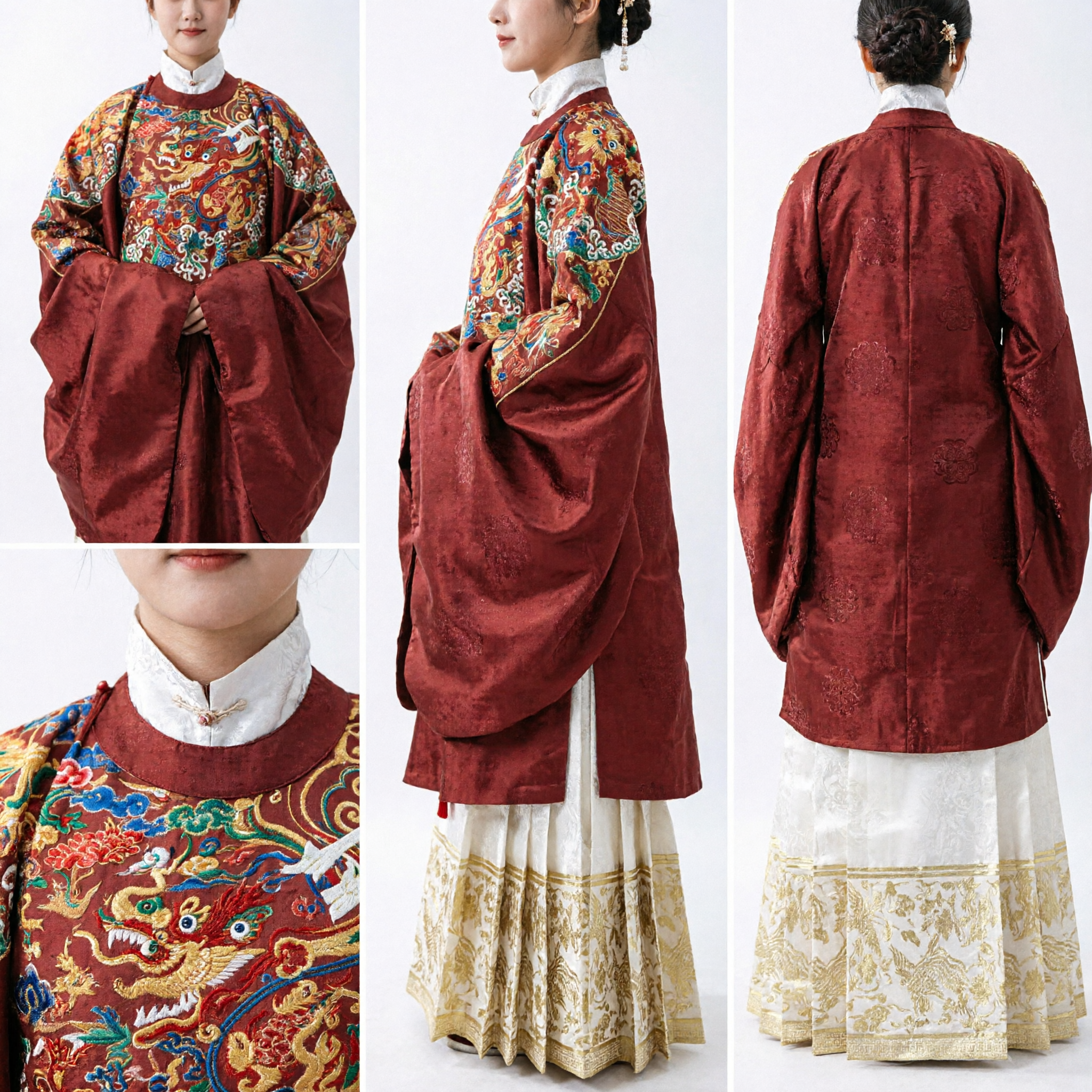 Women's Traditional Chinese Ming Dynasty Red Pifeng Hanfu with Dragon Embroidery for Wedding Ceremony