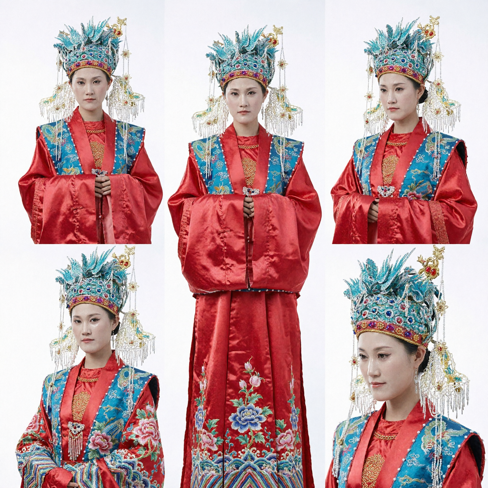 Traditional Chinese Beijing Opera Female Phoenix Crown Headdress Blue Feathers Beads Ancient Empress Headwear Costume