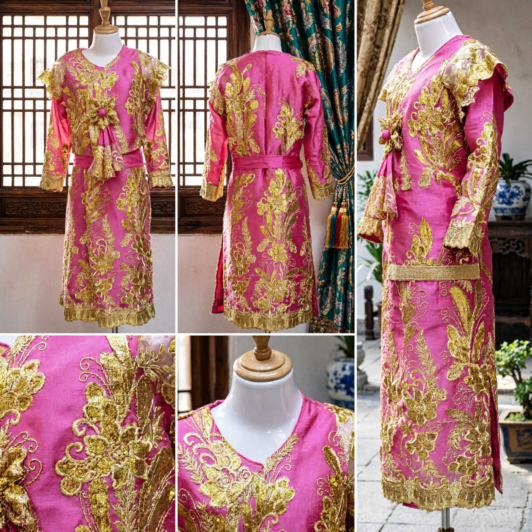 Vibrant Pink Traditional Chinese Folk Dance Costume with Gold Embroidery for Women Stage Performance