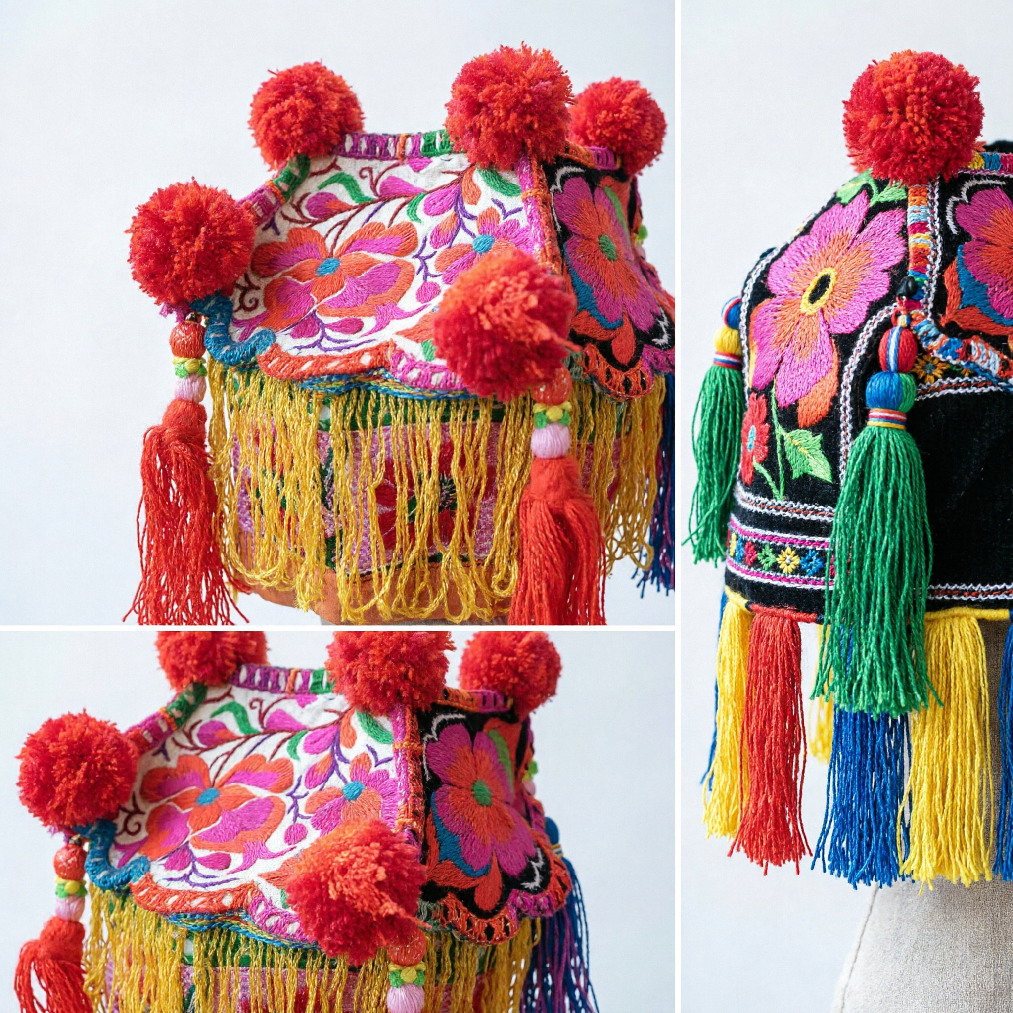 Traditional Chinese Embroidered Floral Baby Hat with Red Pom Poms and Tassels for Lunar New Year Costume