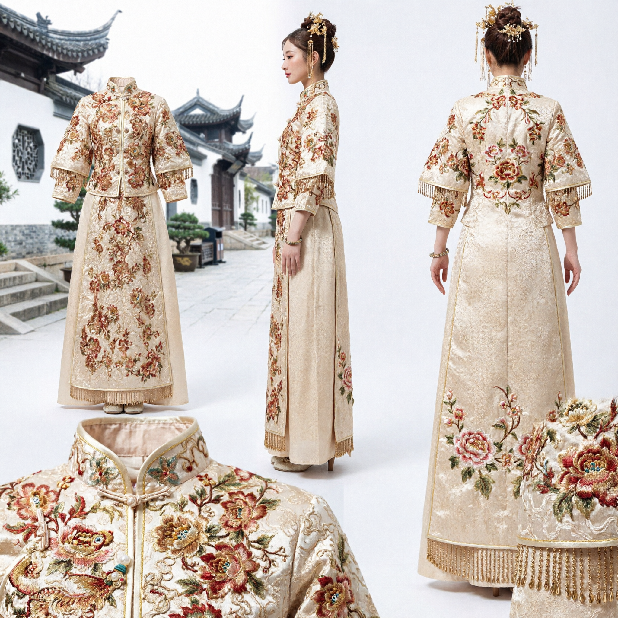 Elegant Gold Embroidered Xiuhe Suit Traditional Chinese Wedding Dress Ancient Style Qun Kwa for Brides