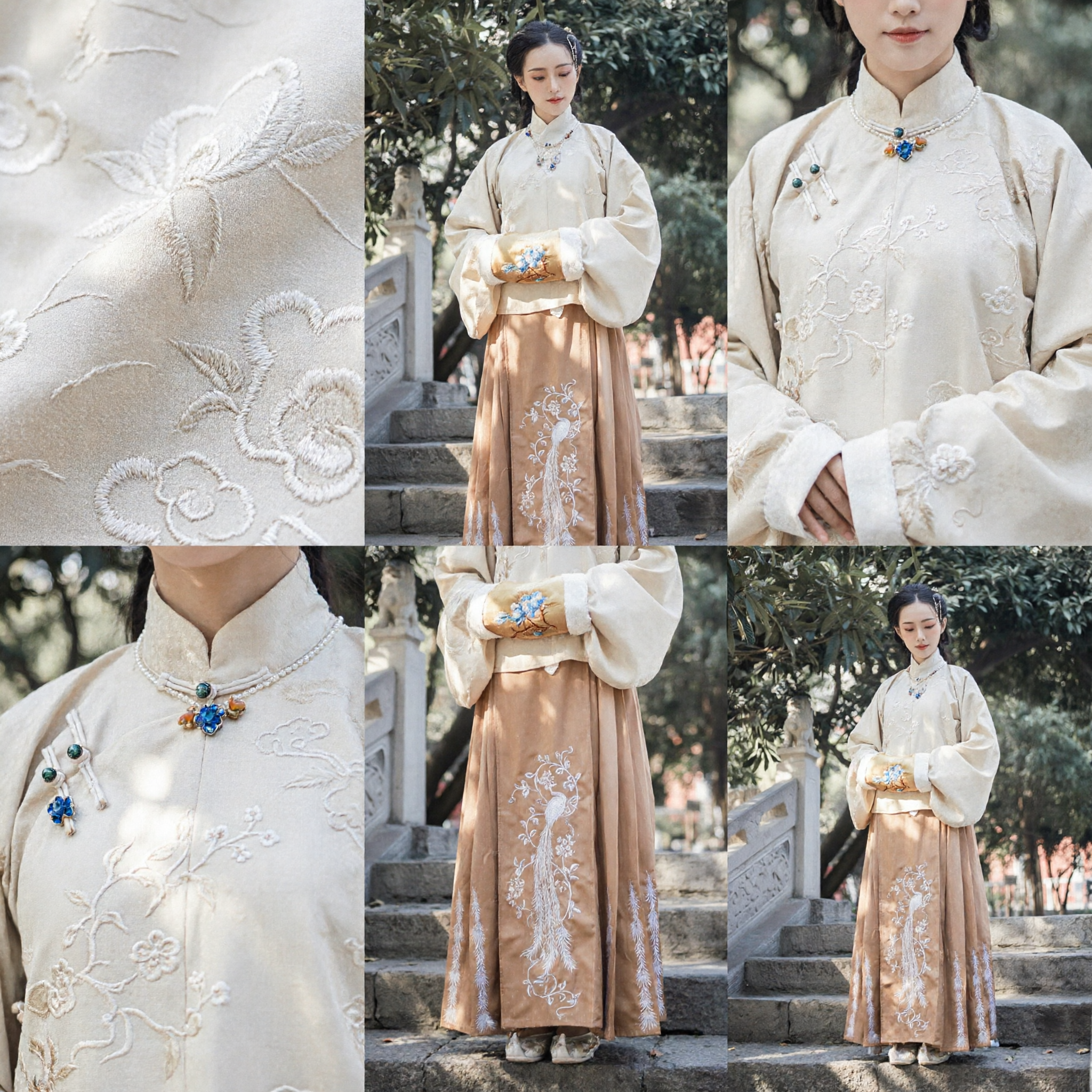 Traditional Chinese Ming Dynasty Hanfu Costume for Women Cream Padded Jacket and Gold Embroidered Long Skirt Set