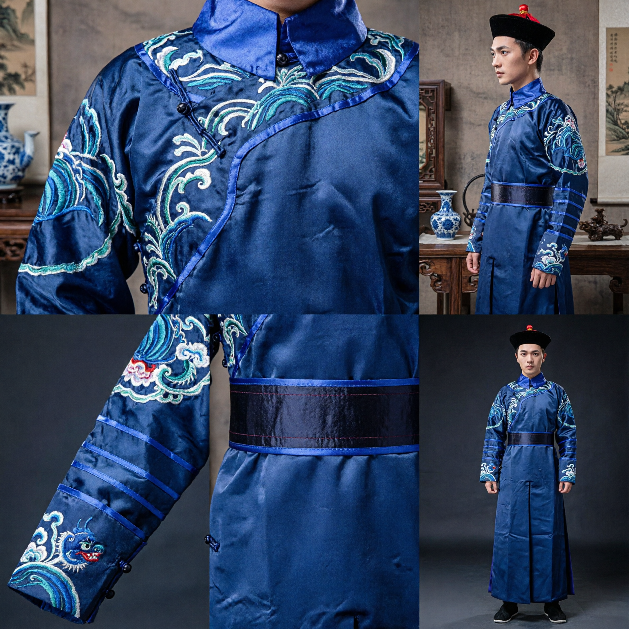 Traditional Chinese Qing Dynasty Official Costume Blue Embroidered Robe Kung Fu Martial Arts Cosplay Outfit for Men