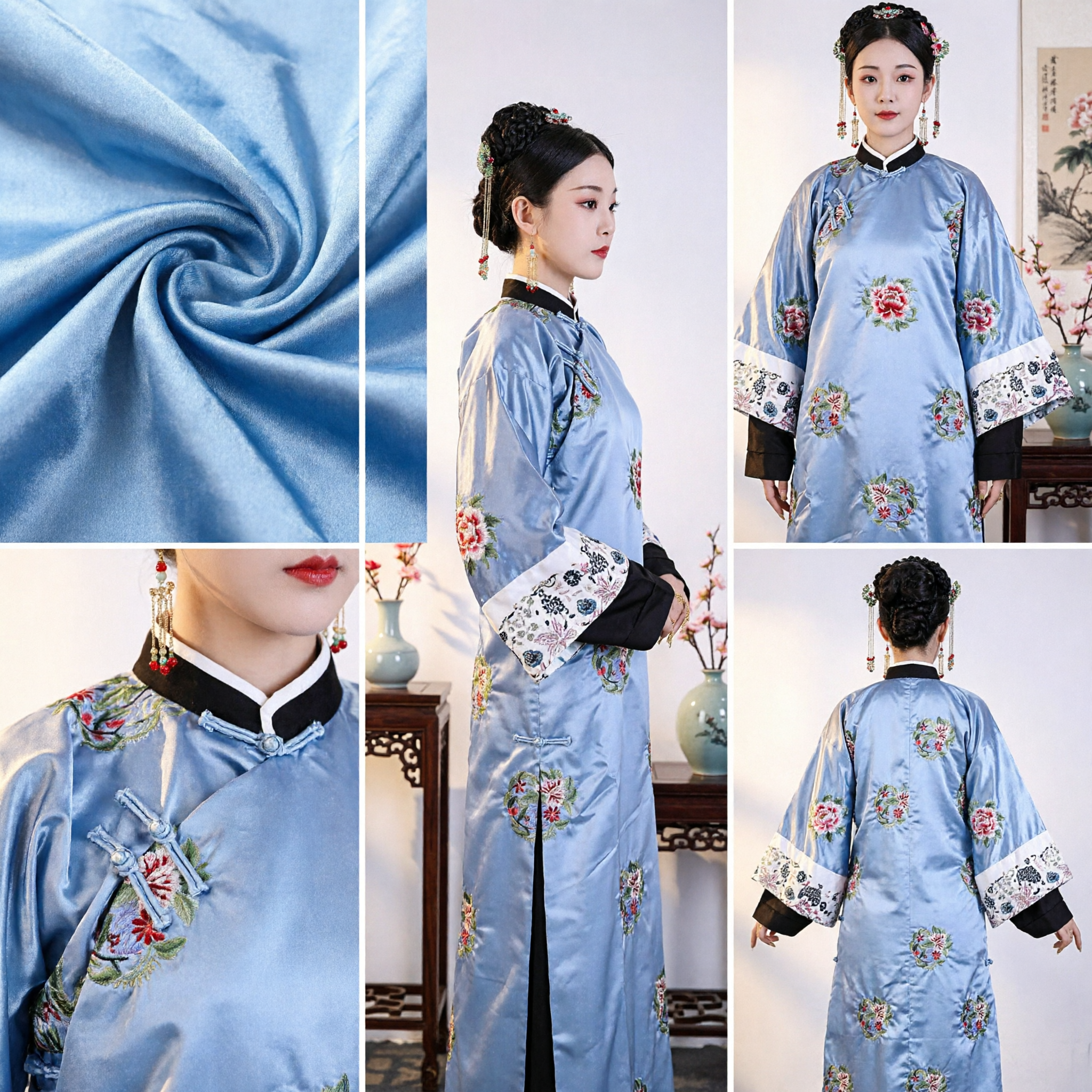 Traditional Chinese Qing Dynasty Manchu Blue Silk Embroidered Floral Robe Historical Costume for Women Stage Performance