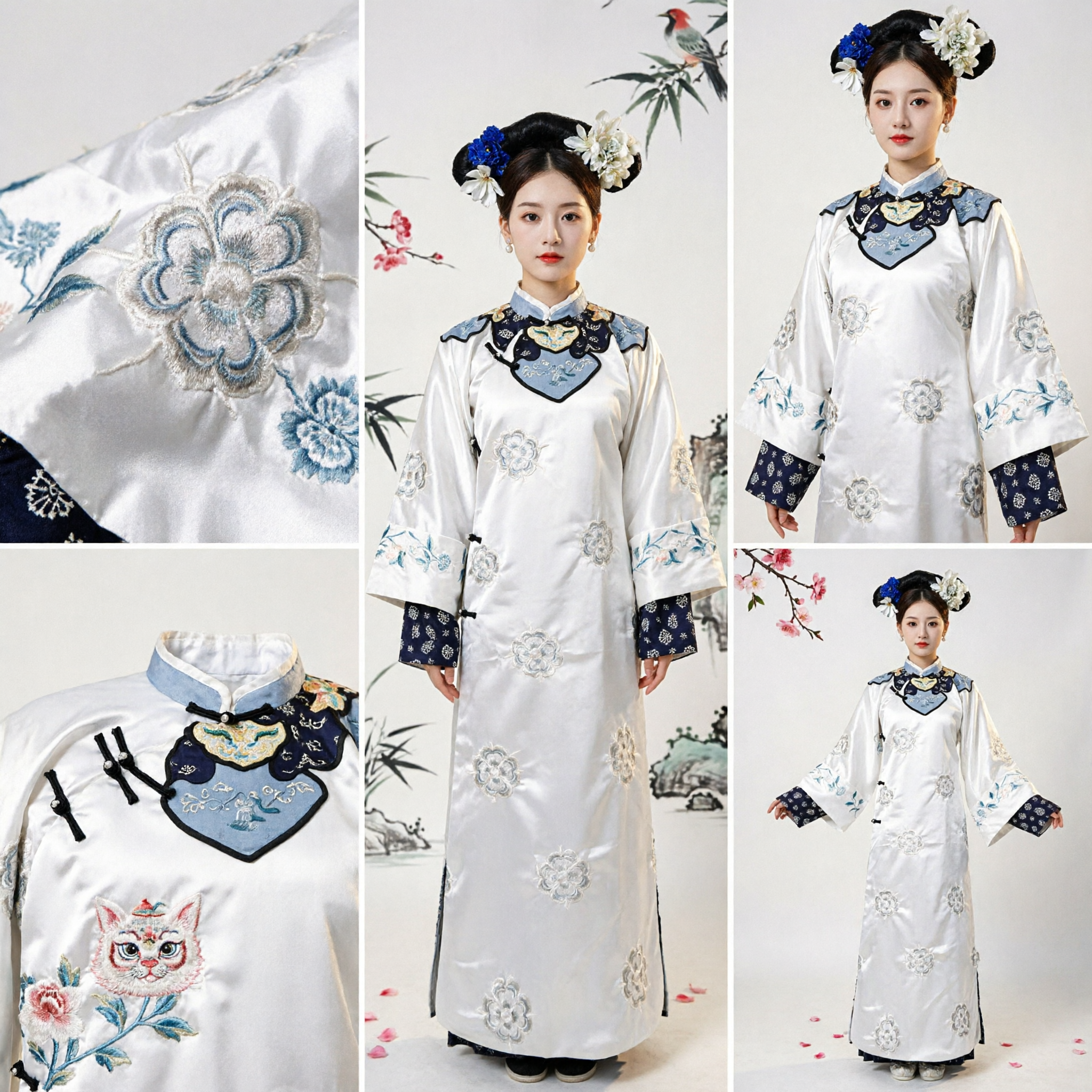 Traditional Chinese Qing Dynasty Manchu Costume White Embroidered Palace Lady Dress for Women Cosplay Performance
