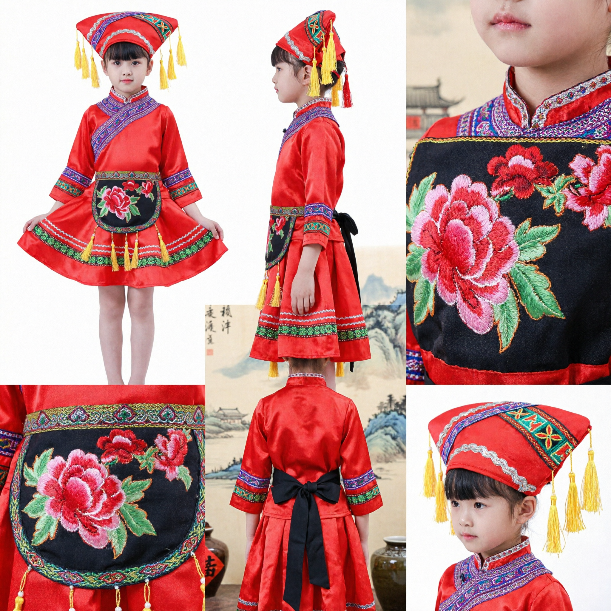Kids Chinese Zhuang Ethnic Folk Dance Costume Red Embroidered Dress with Hat Stage Performance Outfit