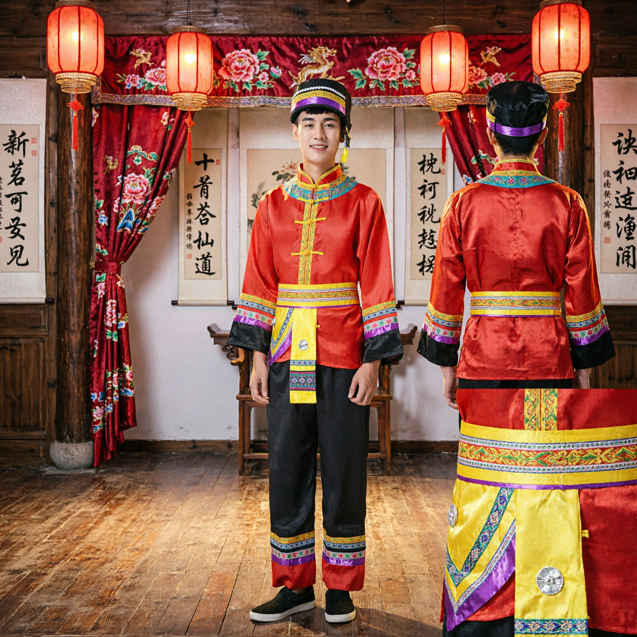 Traditional Chinese Ethnic Minority Folk Dance Costume Men Red Embroidered Tunic and Pants for Stage Performance