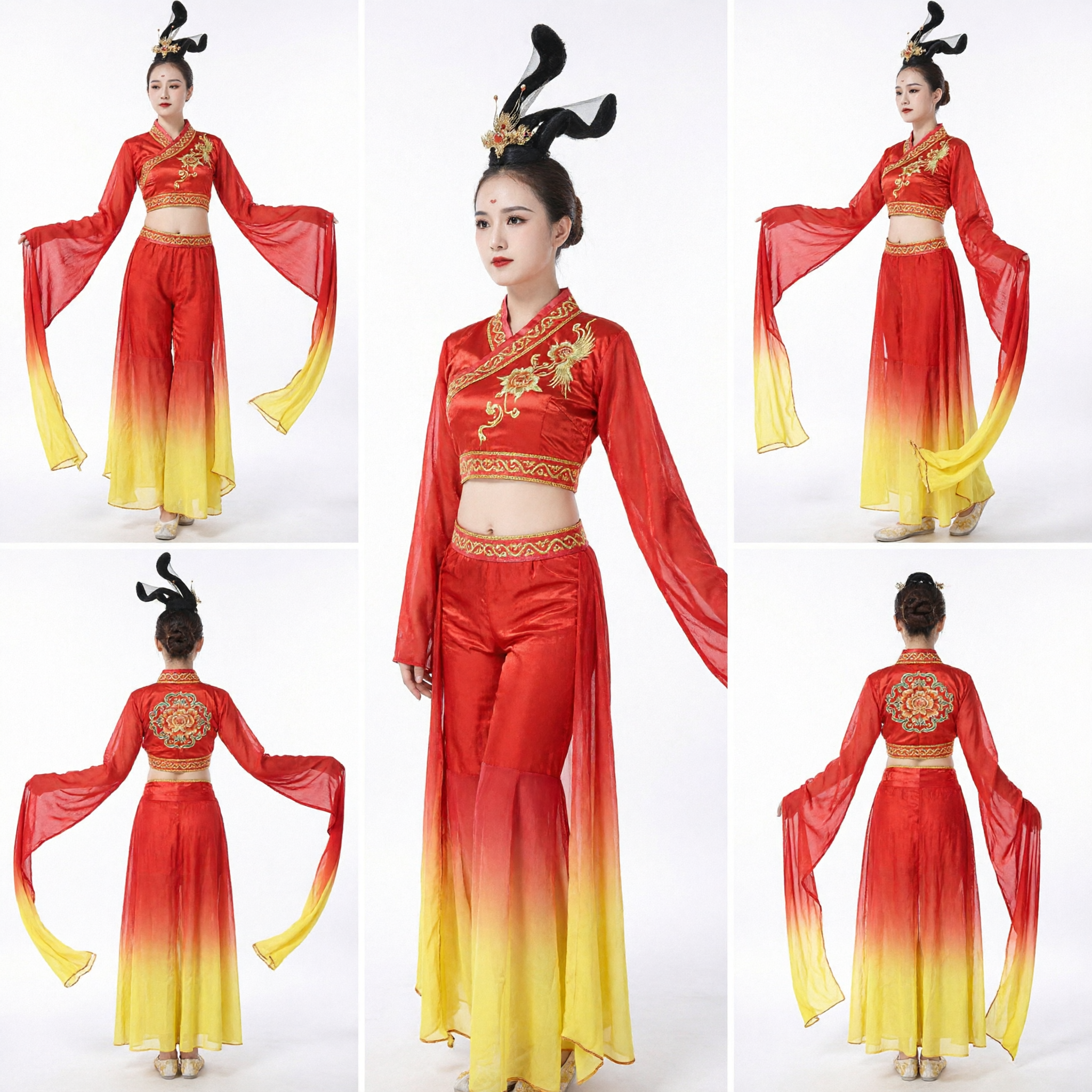 Traditional Chinese Classical Dance Costume for Women Dunhuang Flying Apsara Red Yellow Gradient Water Sleeves Performance Outfit