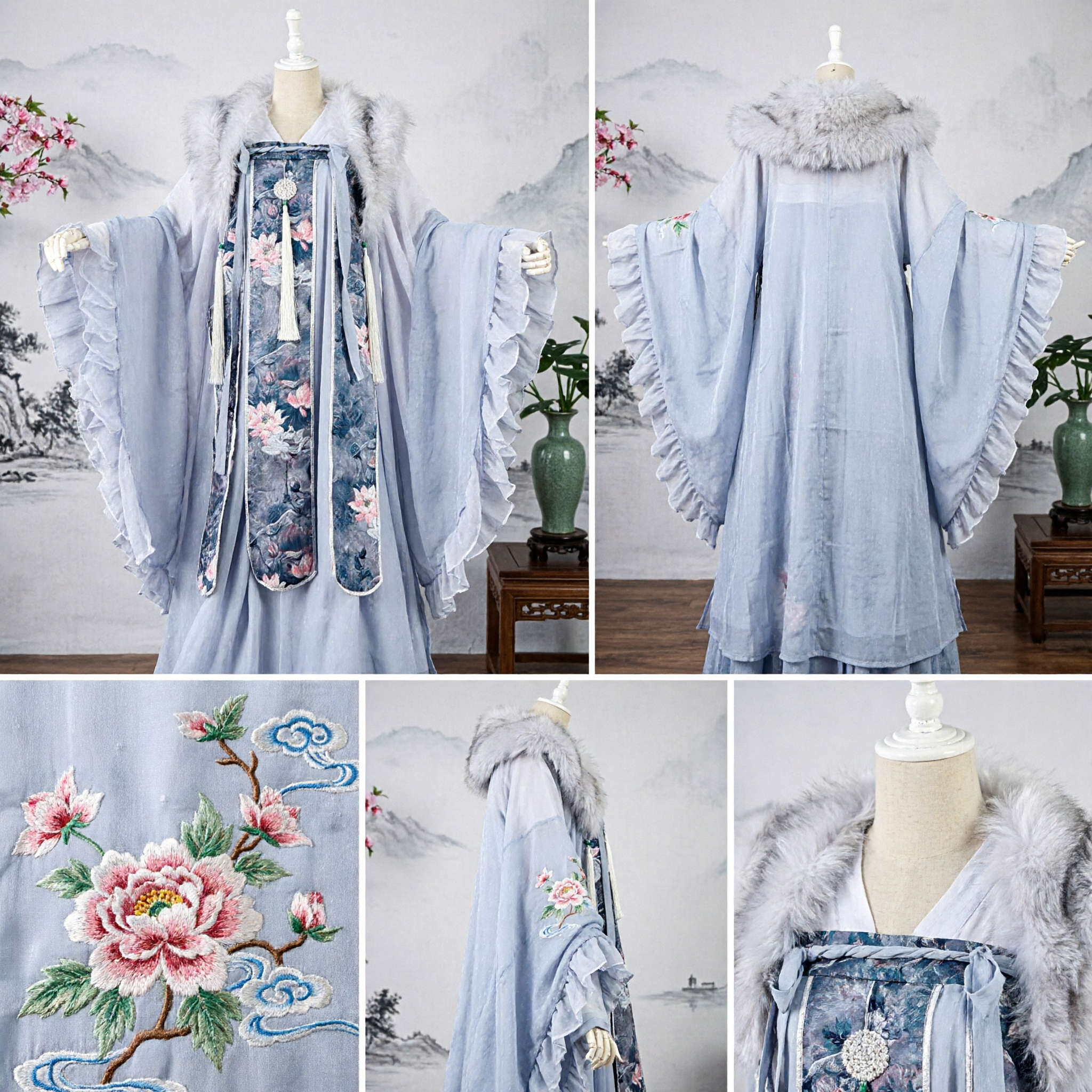 Elegant Purple Hanfu Traditional Chinese Ancient Costume with Floral Vest and White Fur Collar