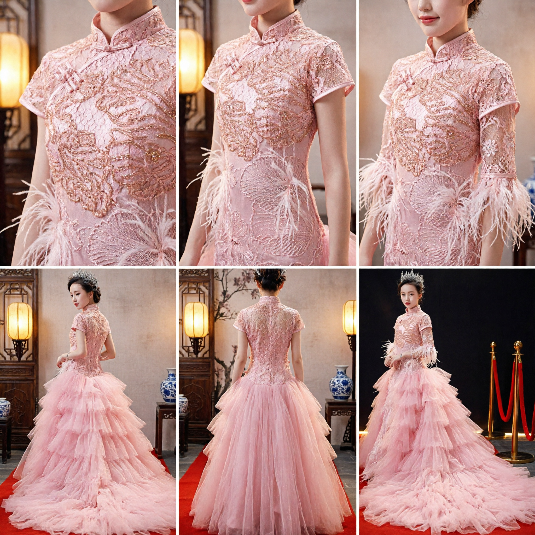 Elegant Pink Girls Qipao Evening Gown with Feather Details and Long Train for Stage Performance