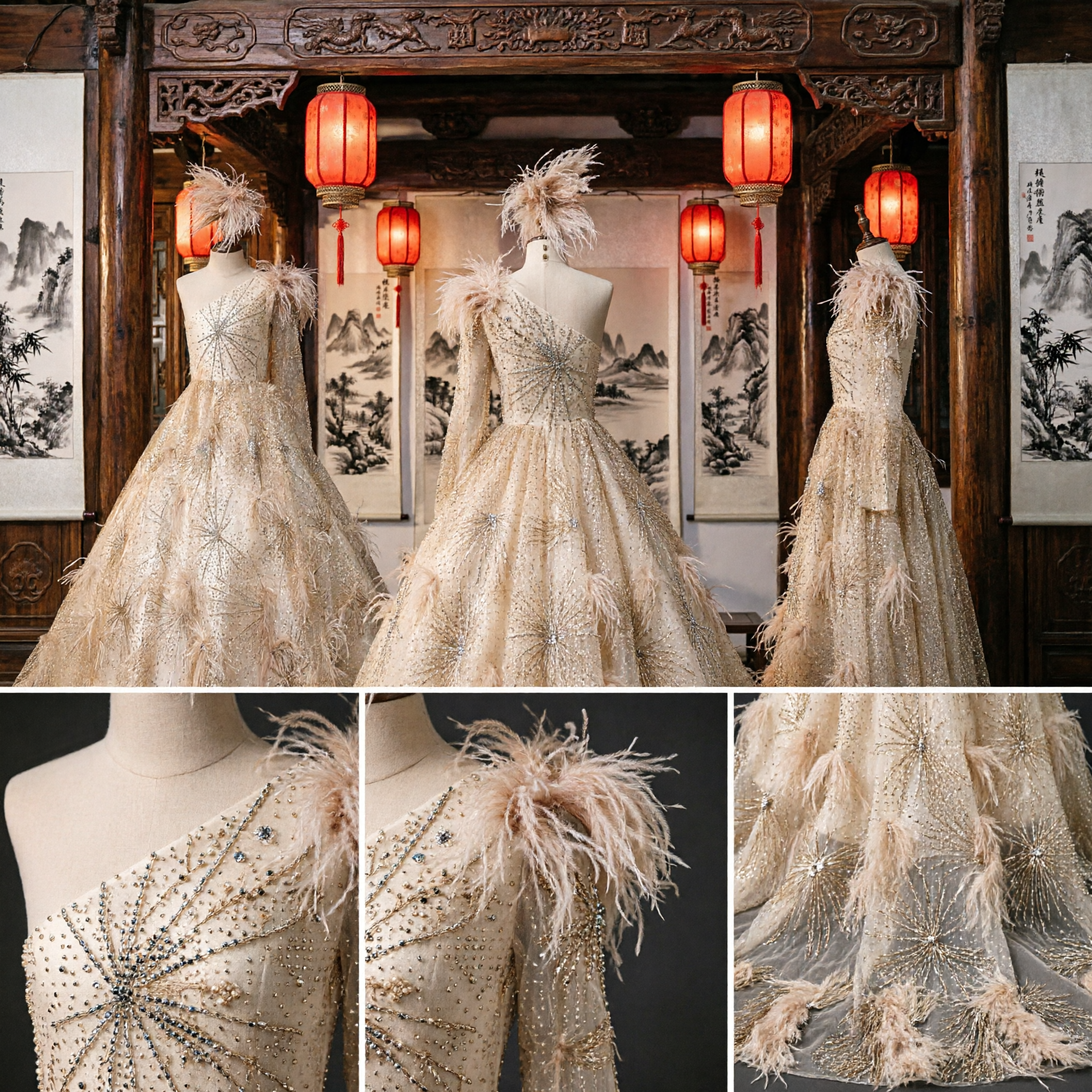 Glamorous Gold Feather One-Shoulder Evening Dress with Rhinestones for Singer Stage Performance and Gala