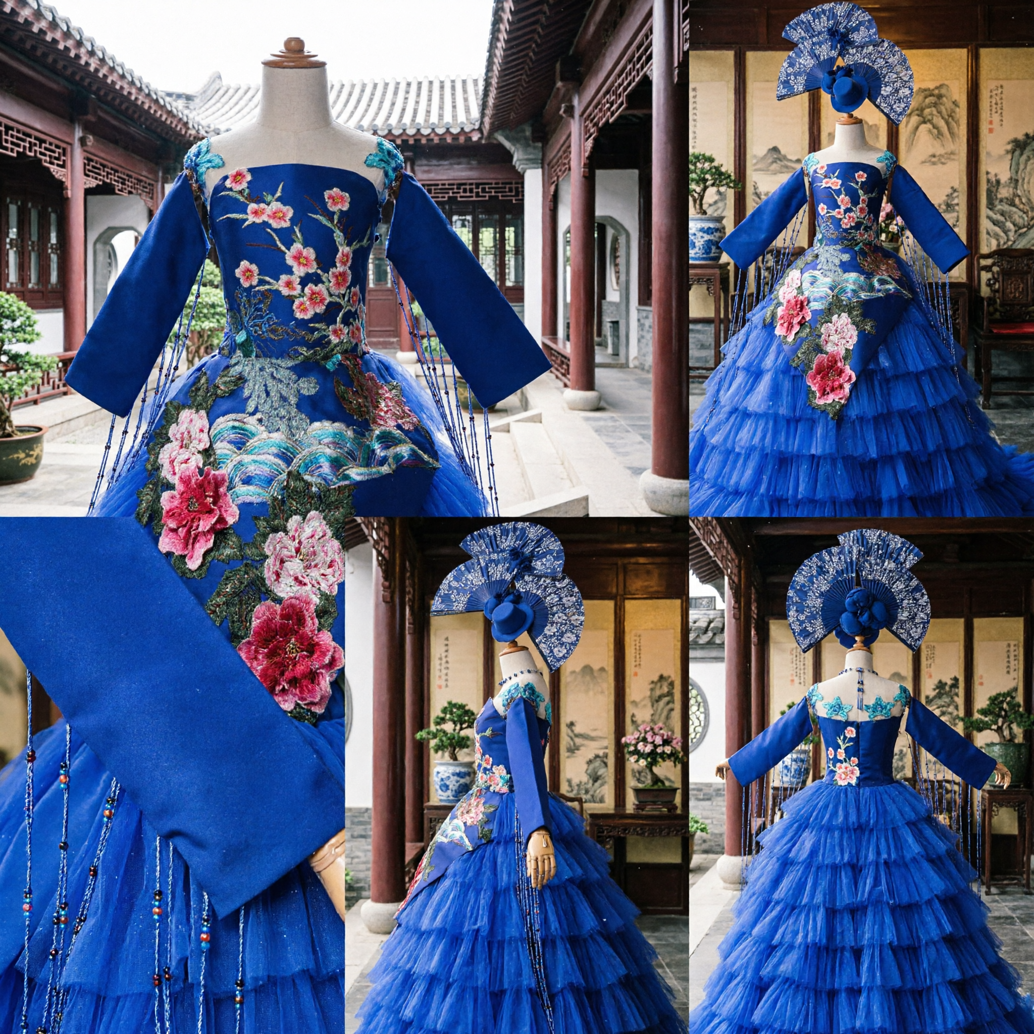 Royal Blue Chinese Traditional Embroidered Ballgown with Tulle Skirt and Fan Headpiece for Stage Performance