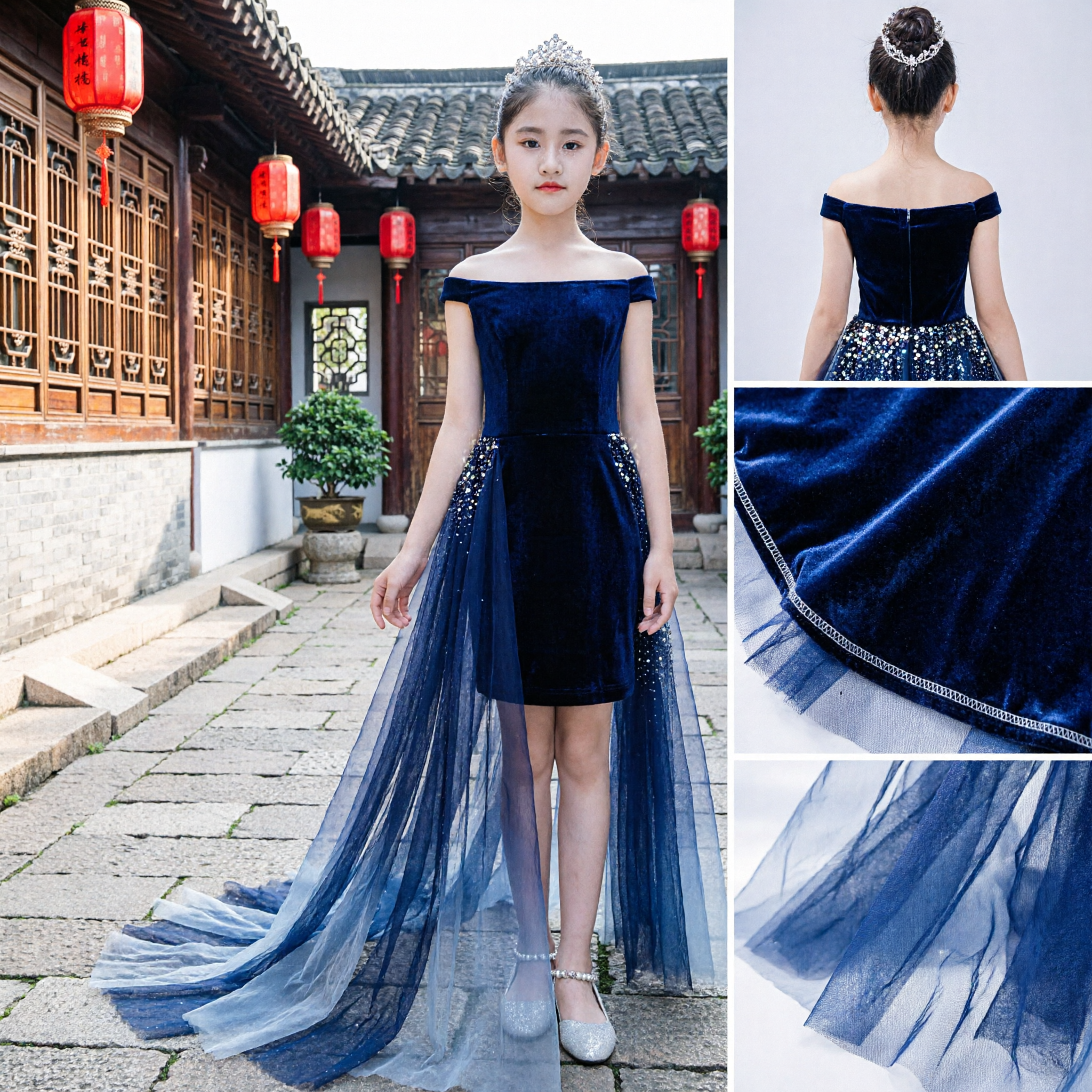Elegant Dark Blue Sequined Off-Shoulder Dress for Girls Kids Host Performance Pageant Gown with Tulle Train