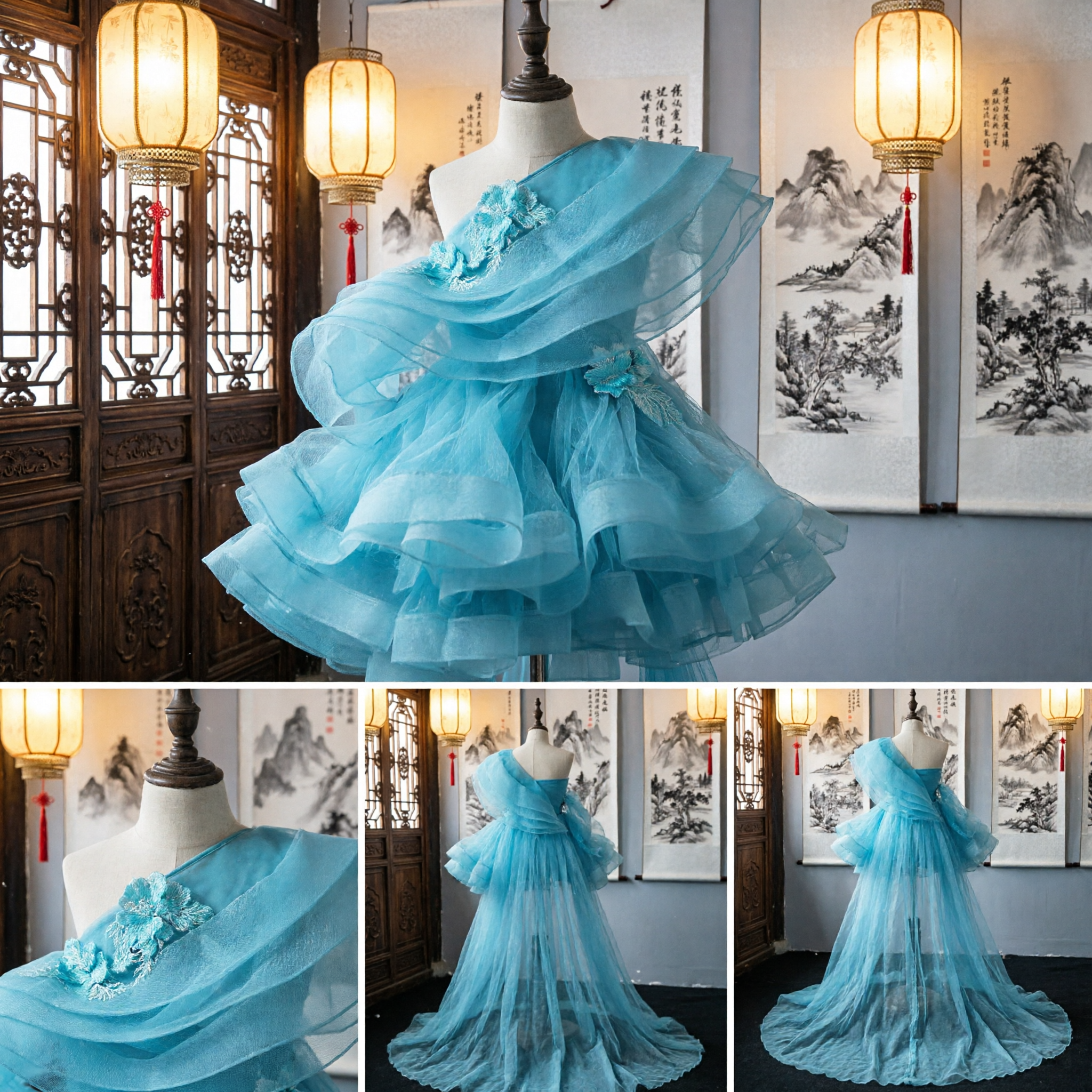 Blue One-Shoulder Ruffled Tulle Dress with Long Train for Stage Performance and Dance Recital