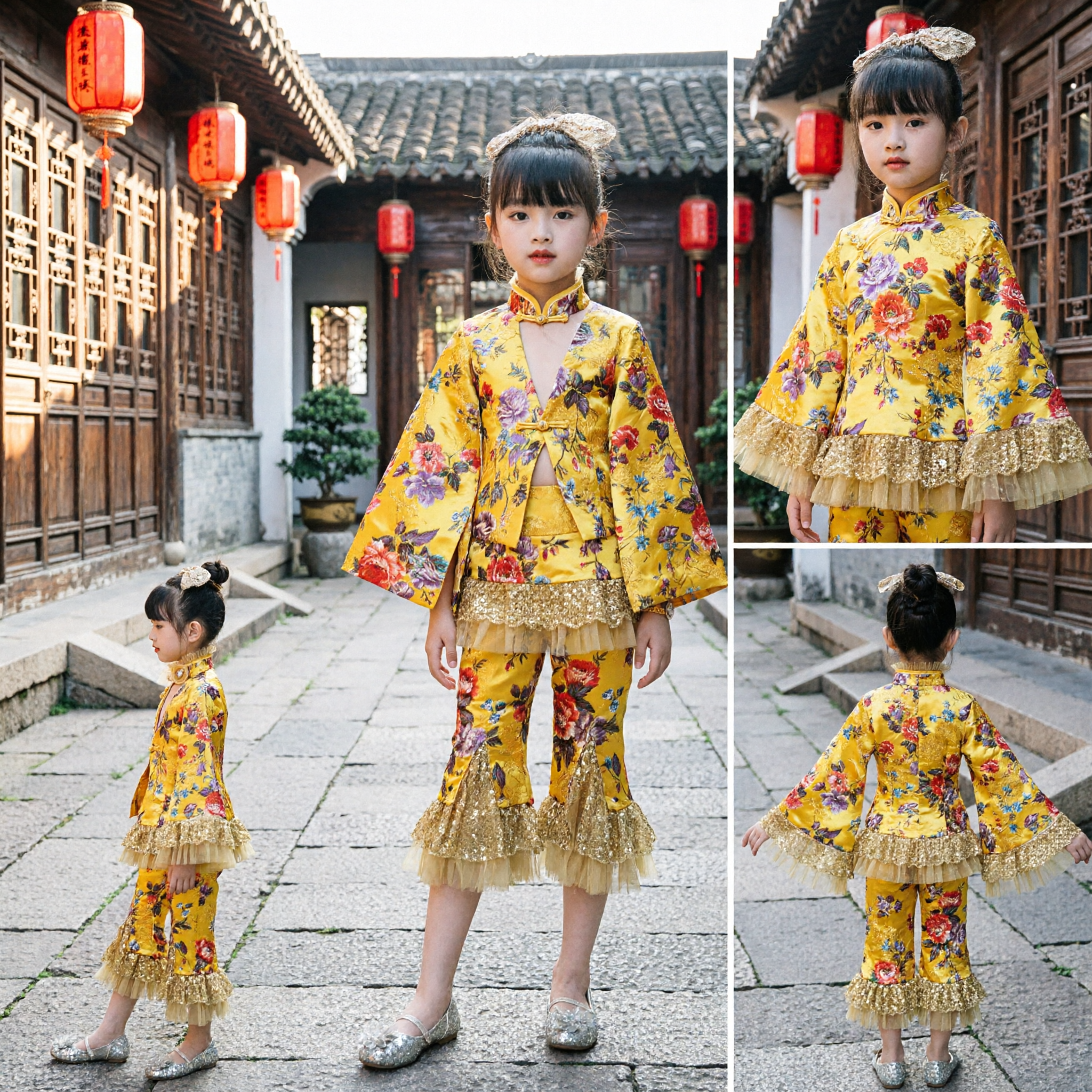 Girls Yellow Floral Traditional Chinese Stage Costume Two-Piece Set for Dance Performance with Sequin Ruffles