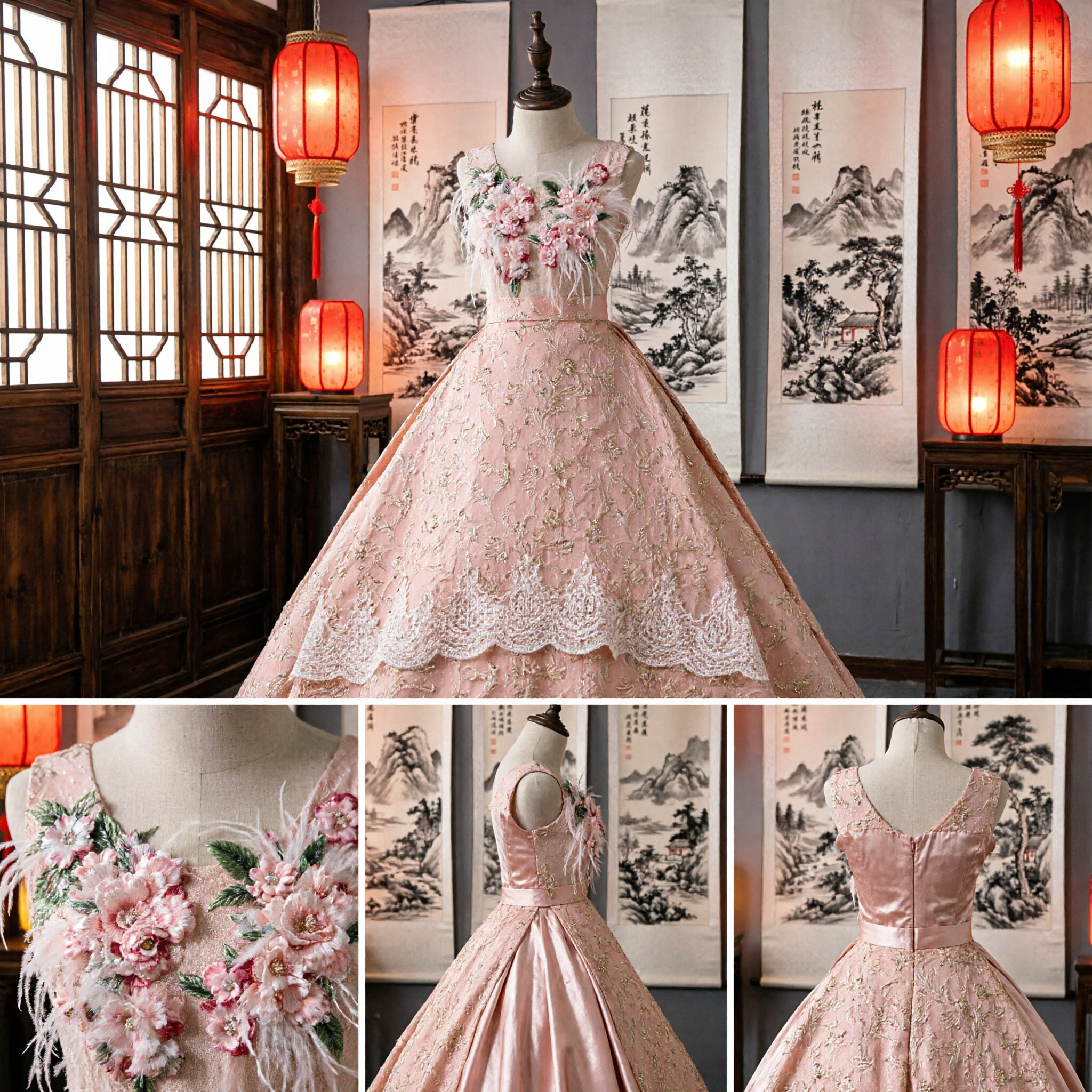 Luxury Pink Floral Embroidered Ball Gown with Feathers Elegant Evening Dress for Formal Occasions