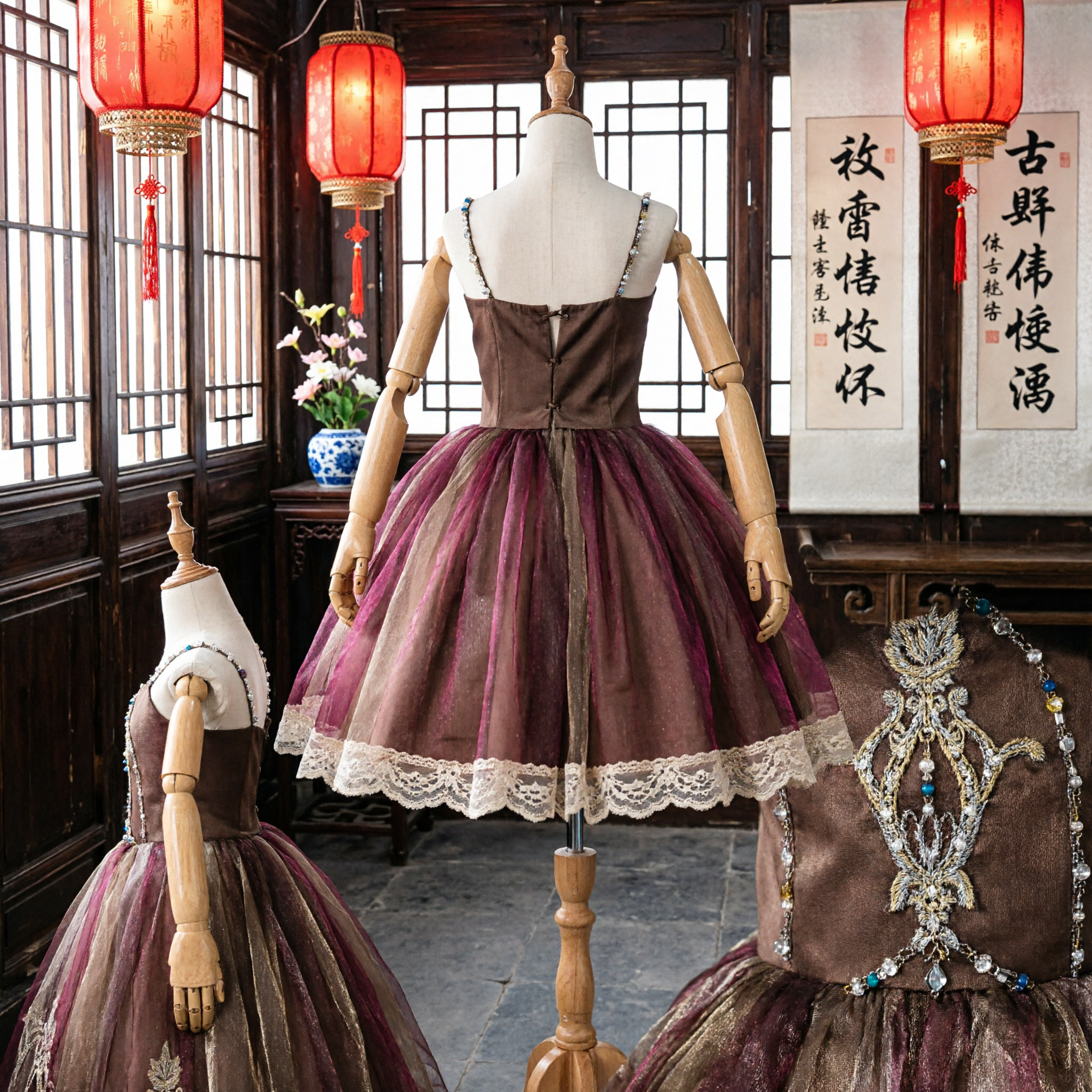 Elegant Brown Bronze Tulle Ballgown Dress for Girls Stage Performance Formal Party Costume with Beading