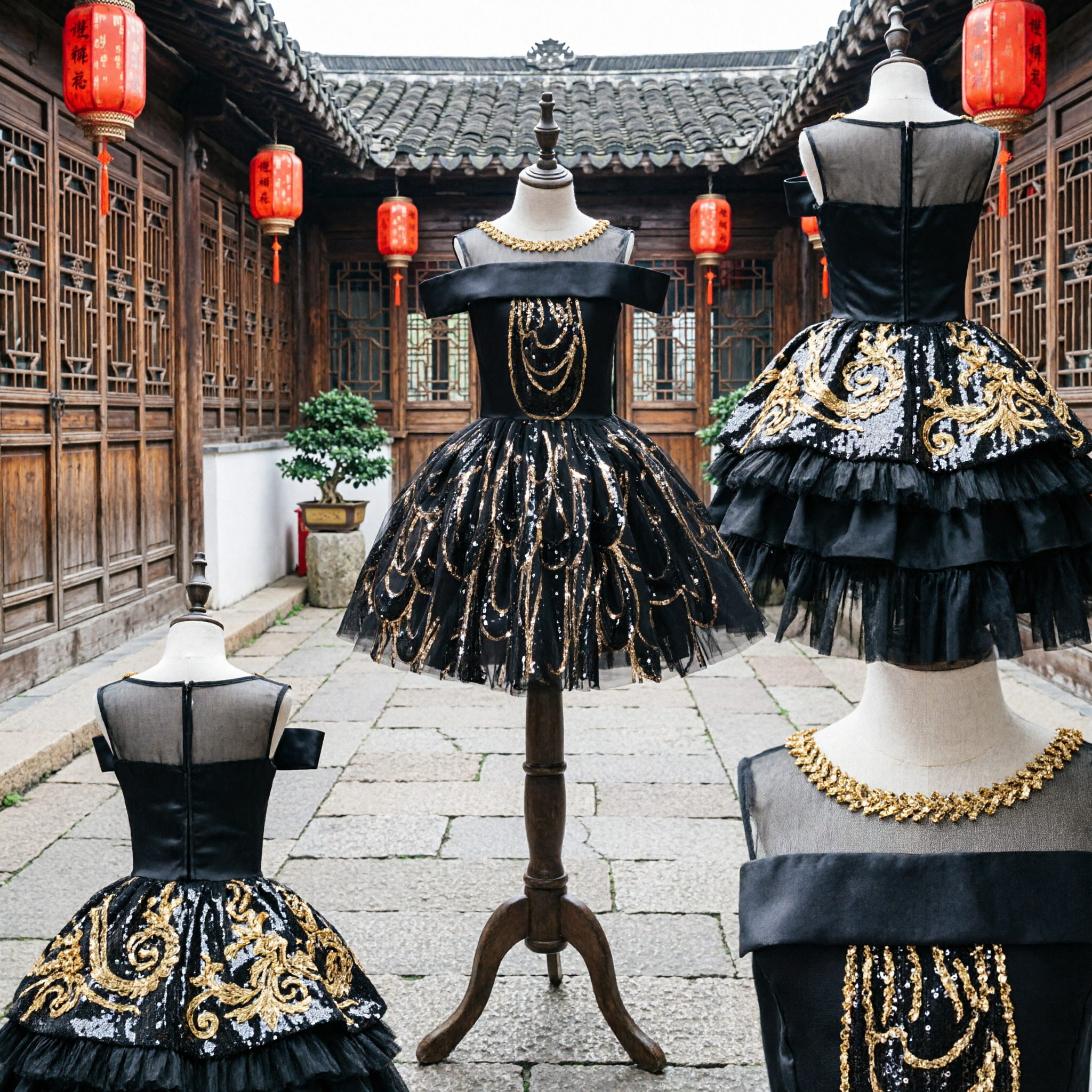 Girls Black Off-Shoulder Sequin Tutu Dress Gold Chain Bodice Latin Jazz Dance Performance Costume