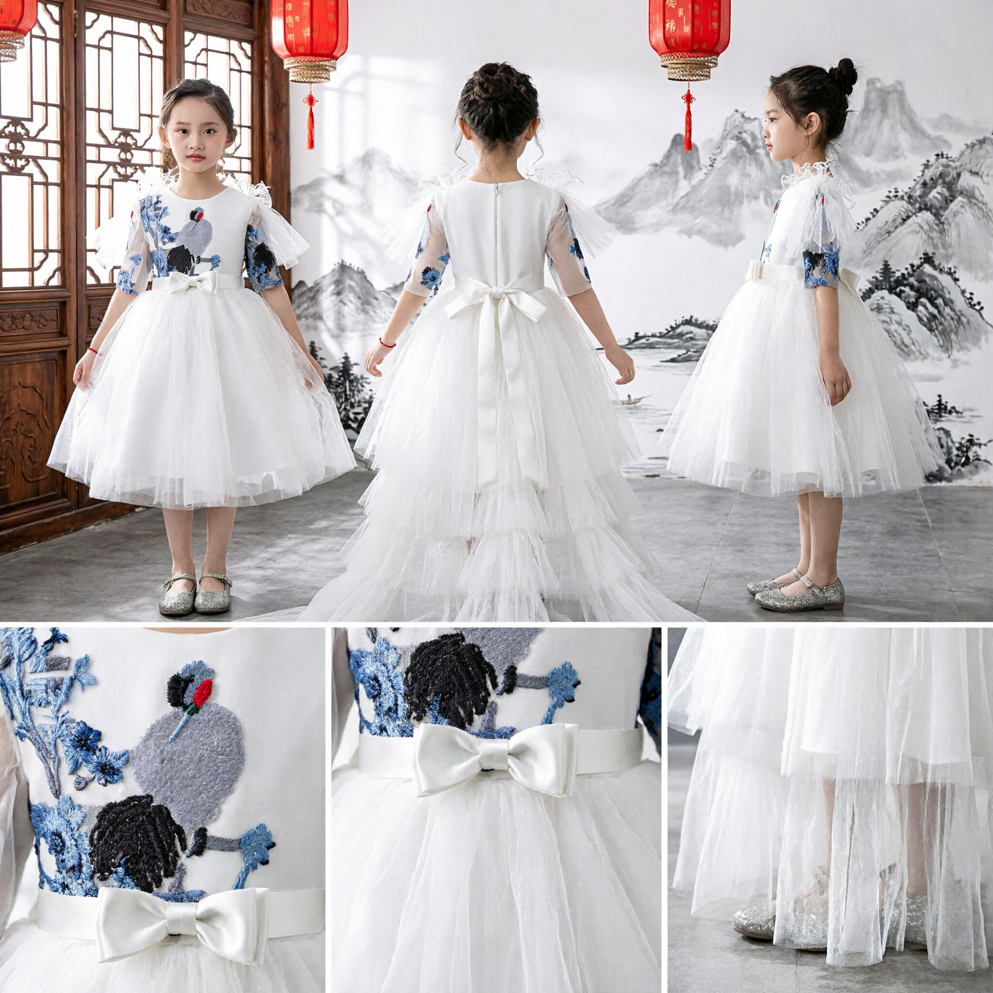 Elegant Girls White Chinese Style Crane Print Dress Tulle Stage Performance Gown for Kids