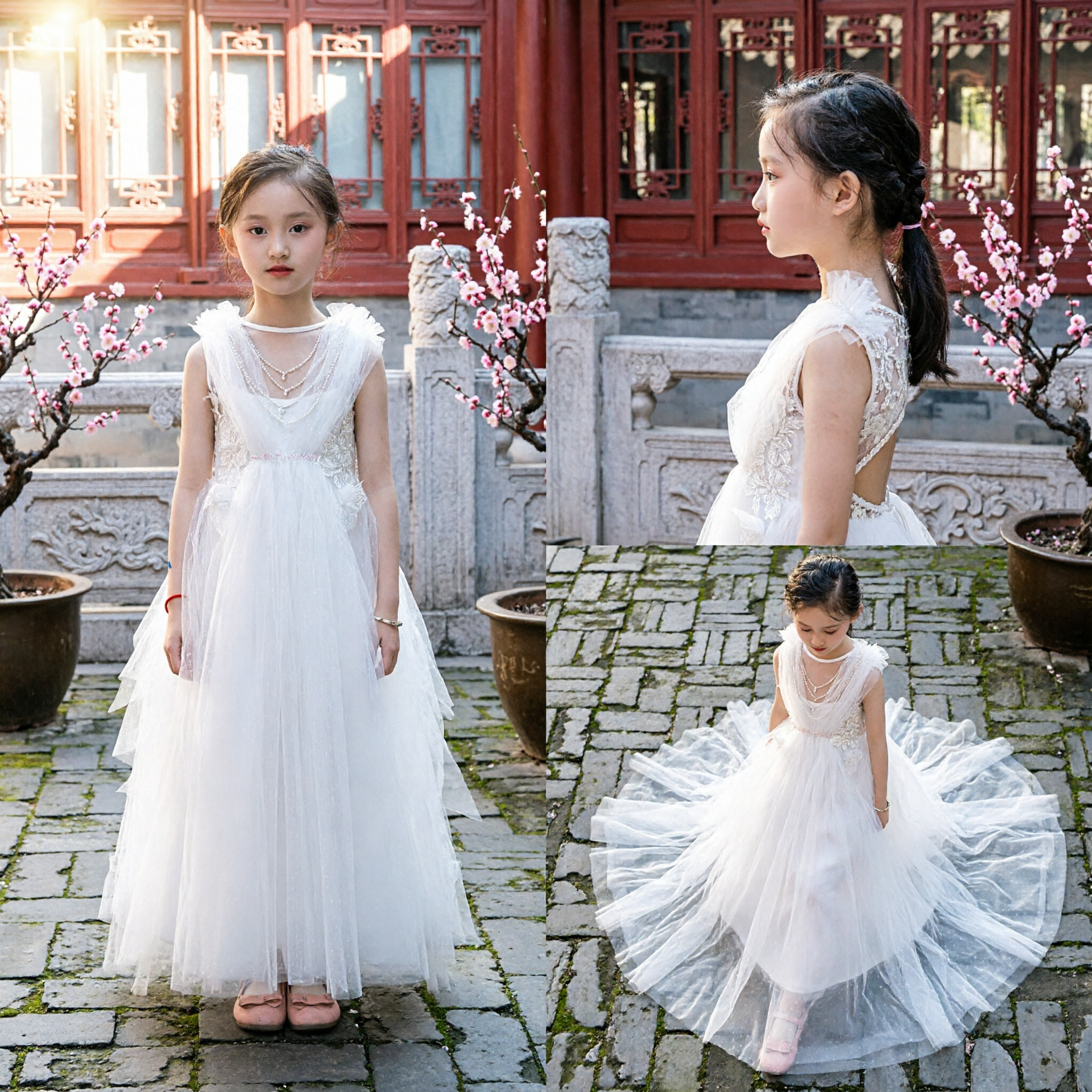Elegant White Tulle Long Dress for Girls Flower Girl Wedding Party First Communion Gown Sleeveless Princess Style