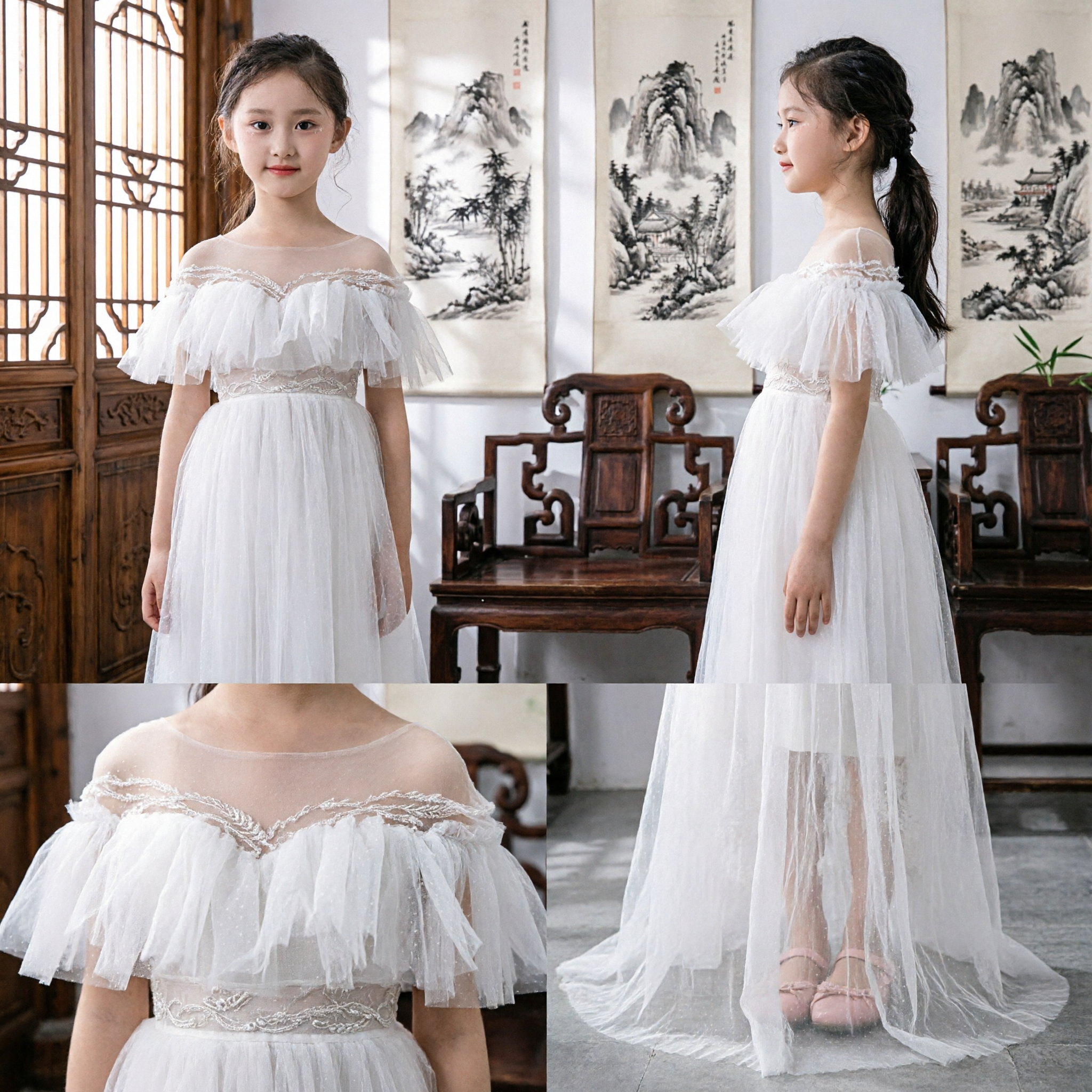Elegant White Off-the-Shoulder Tulle Dress for Girls Flower Girl Wedding Pageant Formal Gown