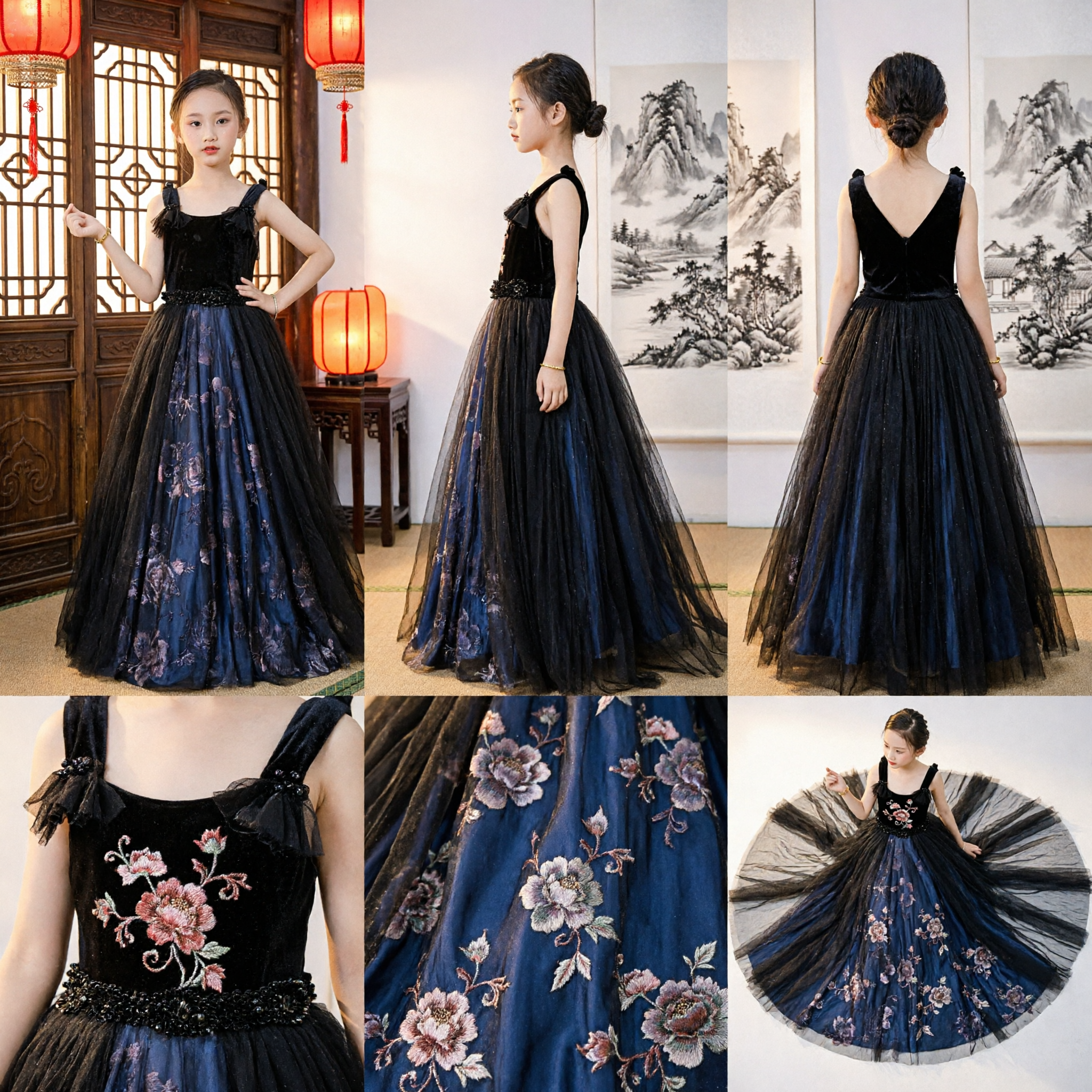 Kids Girls Elegant Black Long Evening Dress Formal Party Gown Flower Girl Princess Dress with Bows