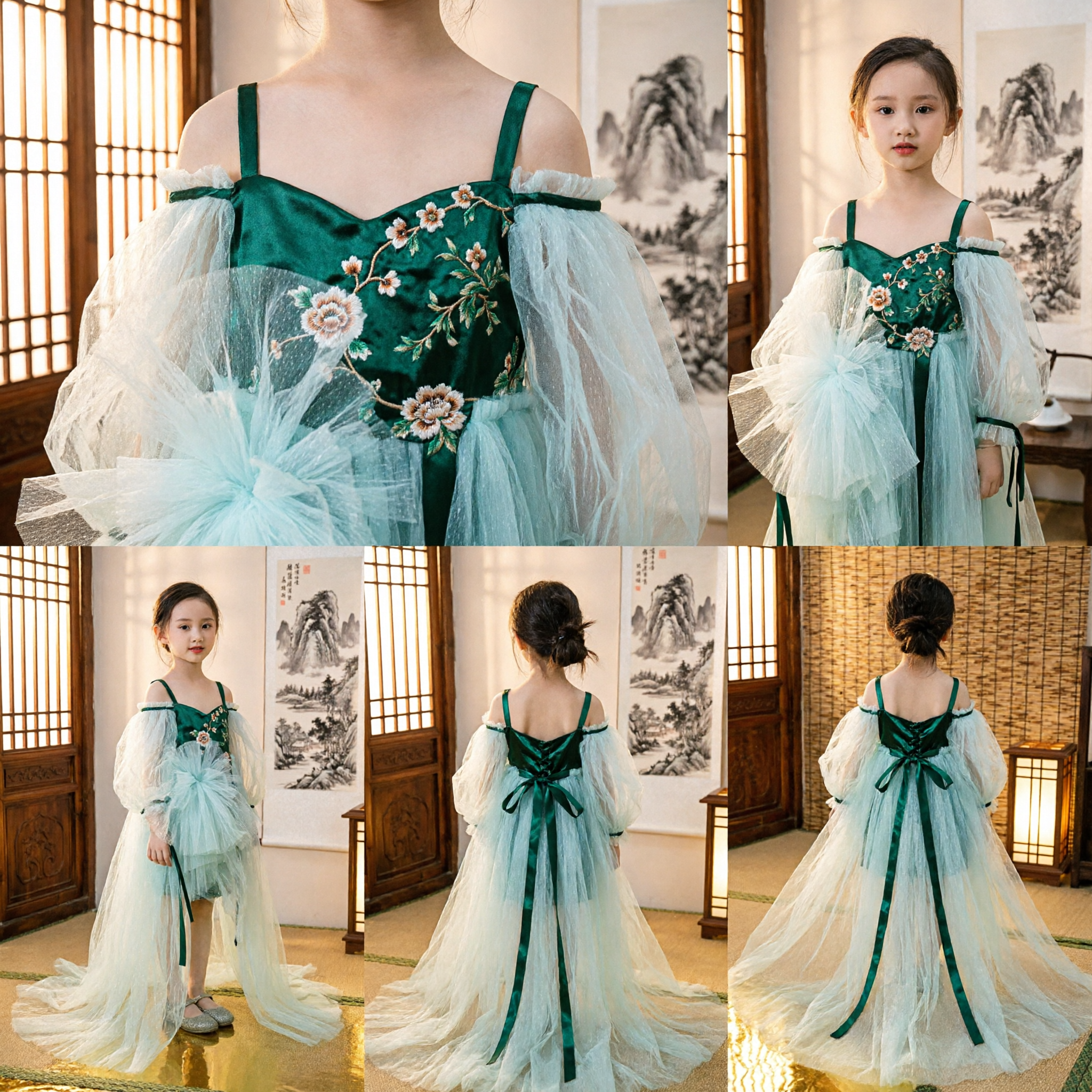 Girls Elegant Green Tulle Princess Dress for Stage Performance Formal Party Gown with Sequins