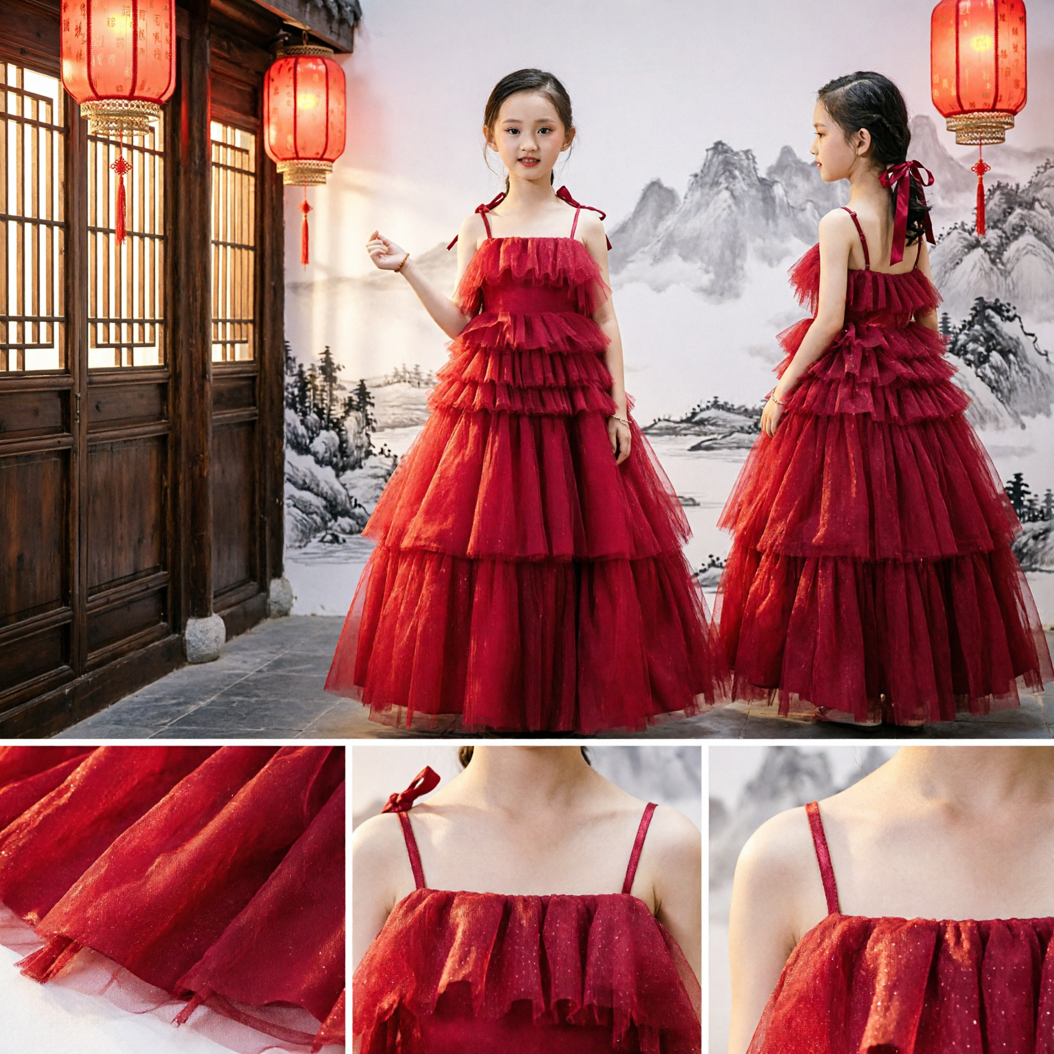 Deep Red Tiered Tulle Ball Gown for Girls Flower Girl Wedding Pageant Dress