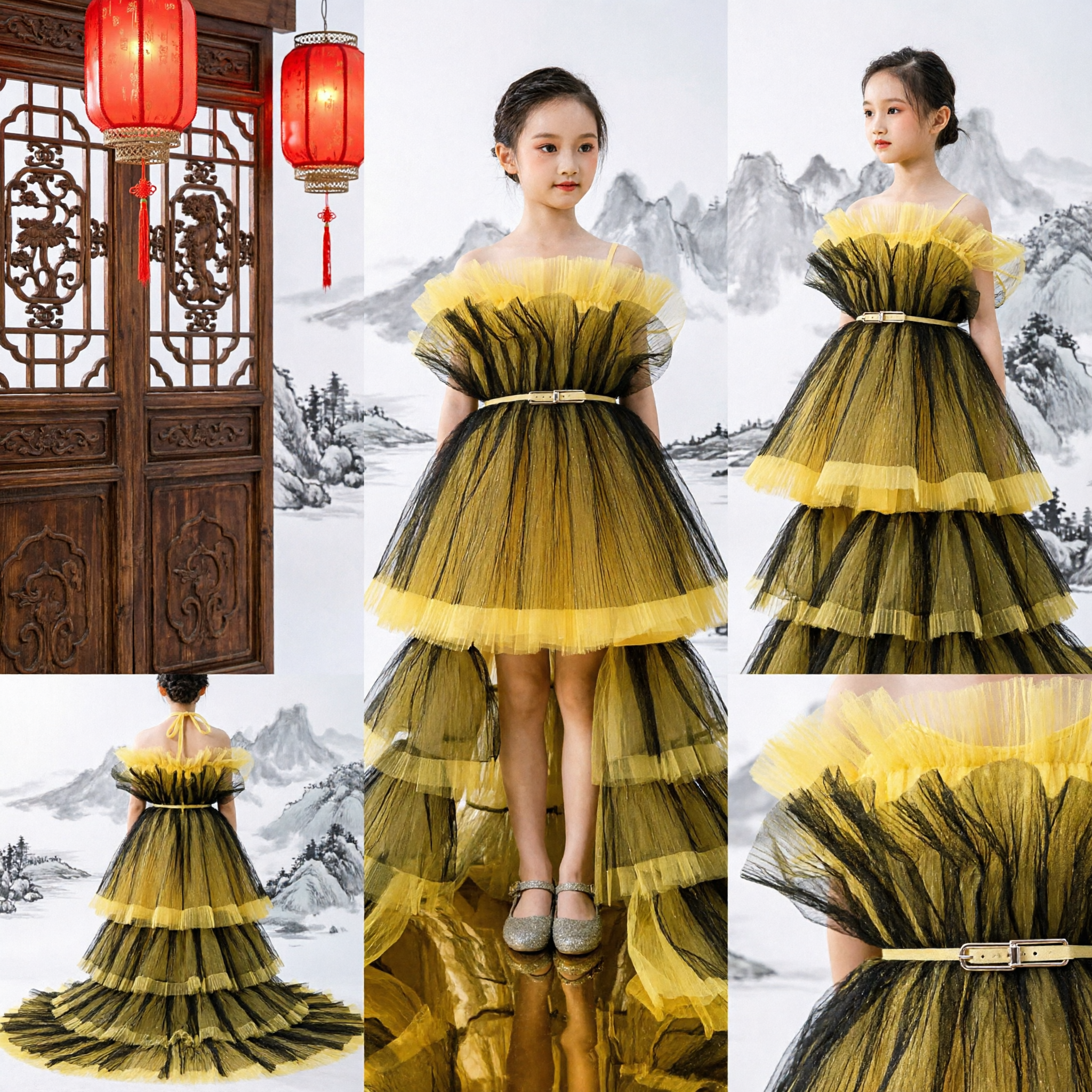 Kids Gold Tulle Stage Performance Dress Off-Shoulder Fishtail Gown Girls Pageant Host Costume