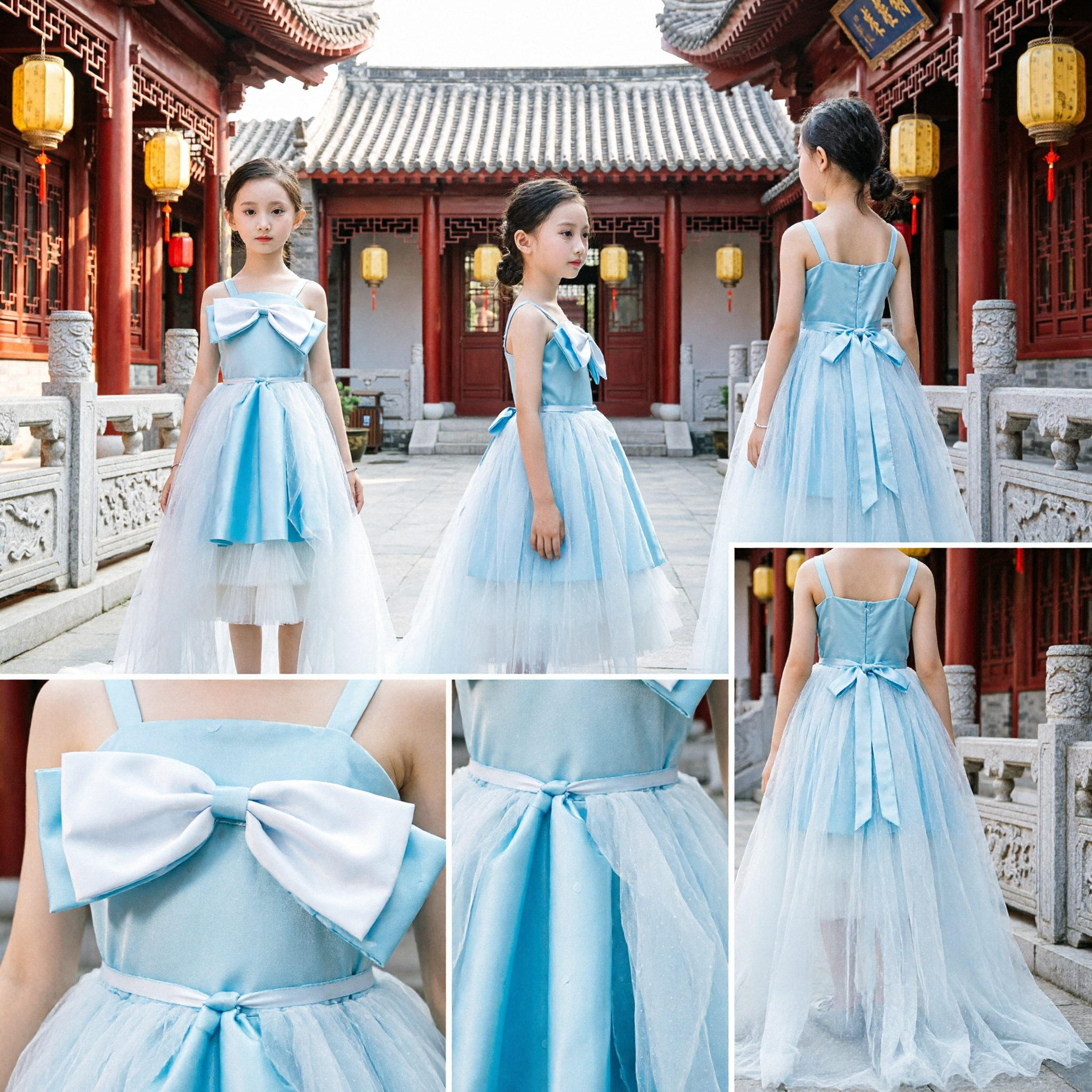 Elegant Light Blue Flower Girl Dress with Large Bow and White Tulle Long Train for Weddings
