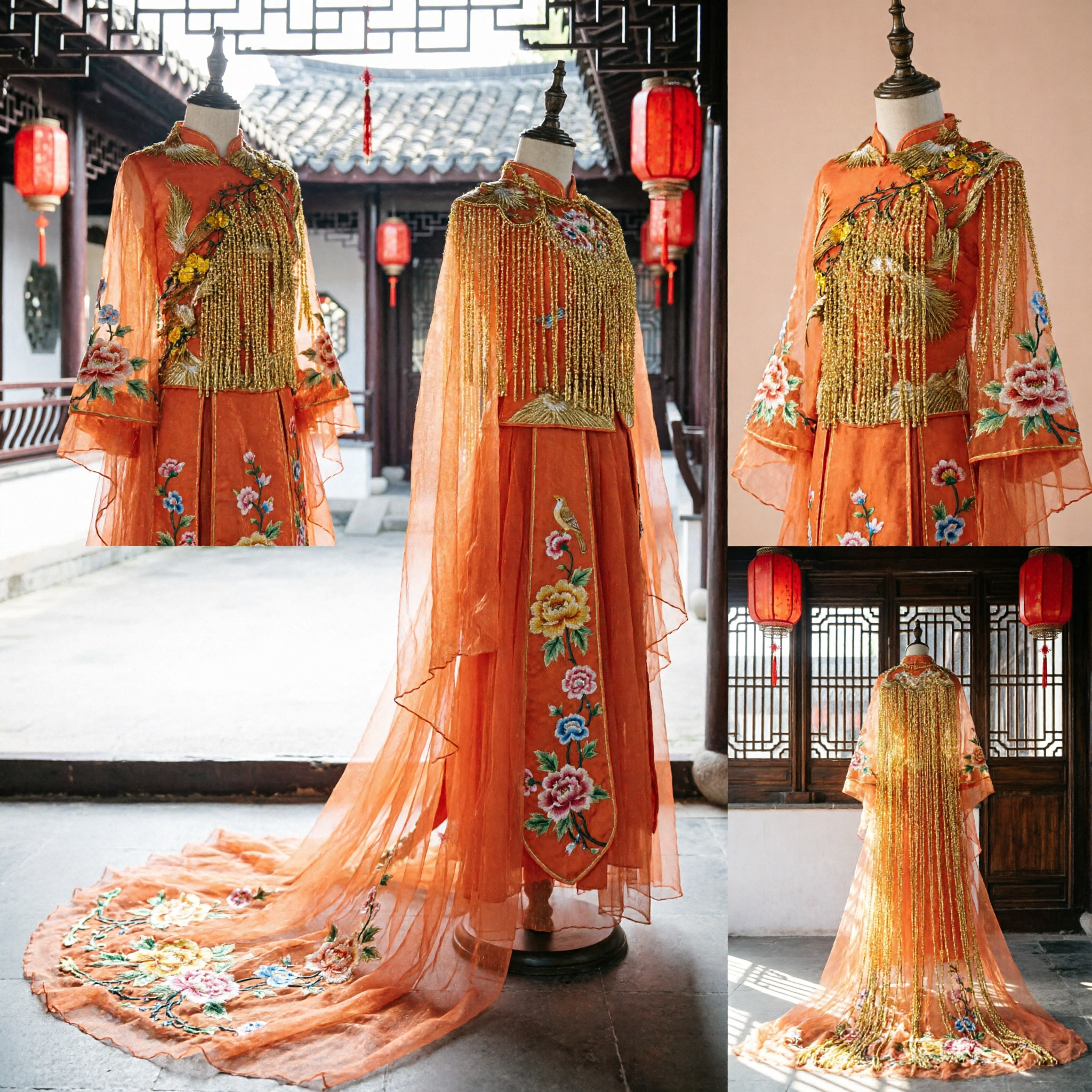 Traditional Chinese Phoenix Dance Costume Orange Dress with Gold Beaded Fringe for Women Stage Performance