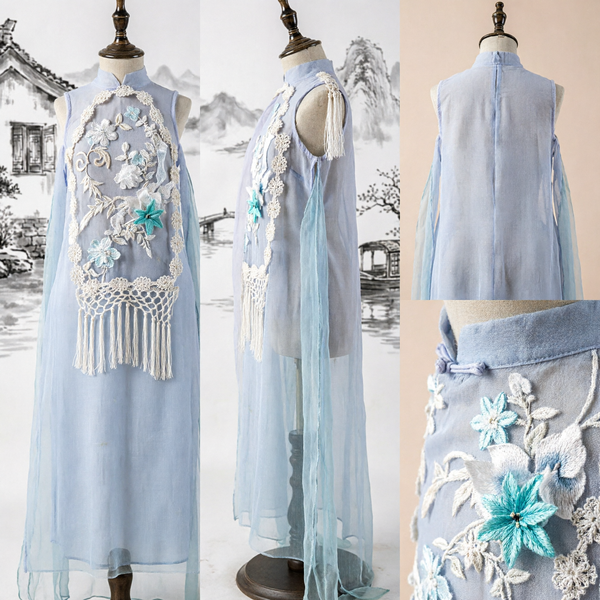 Light Blue Traditional Chinese Hanfu Cloak Floral Embroidered Tassel Cape Ancient Fairy Costume for Women