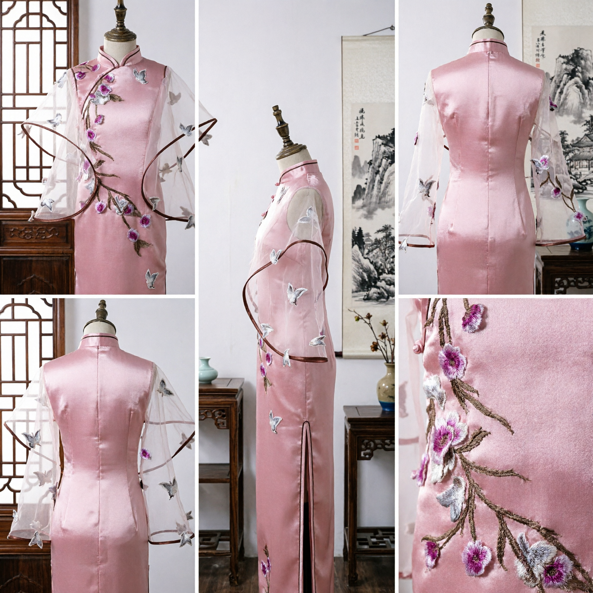 Elegant Pink Embroidered Cheongsam with Butterfly Wing Sleeves Modern Chinese Qipao Evening Gown for Women