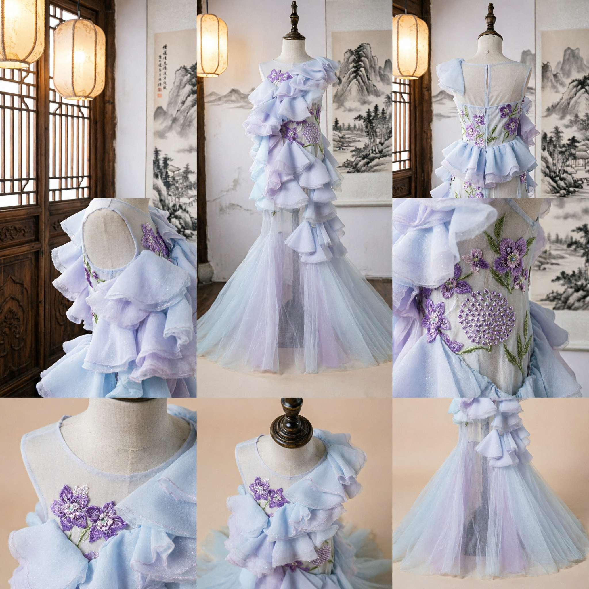 Elegant Pastel Blue and Purple Ruffled Mermaid Dress for Girls Stage Performance and Dance Show